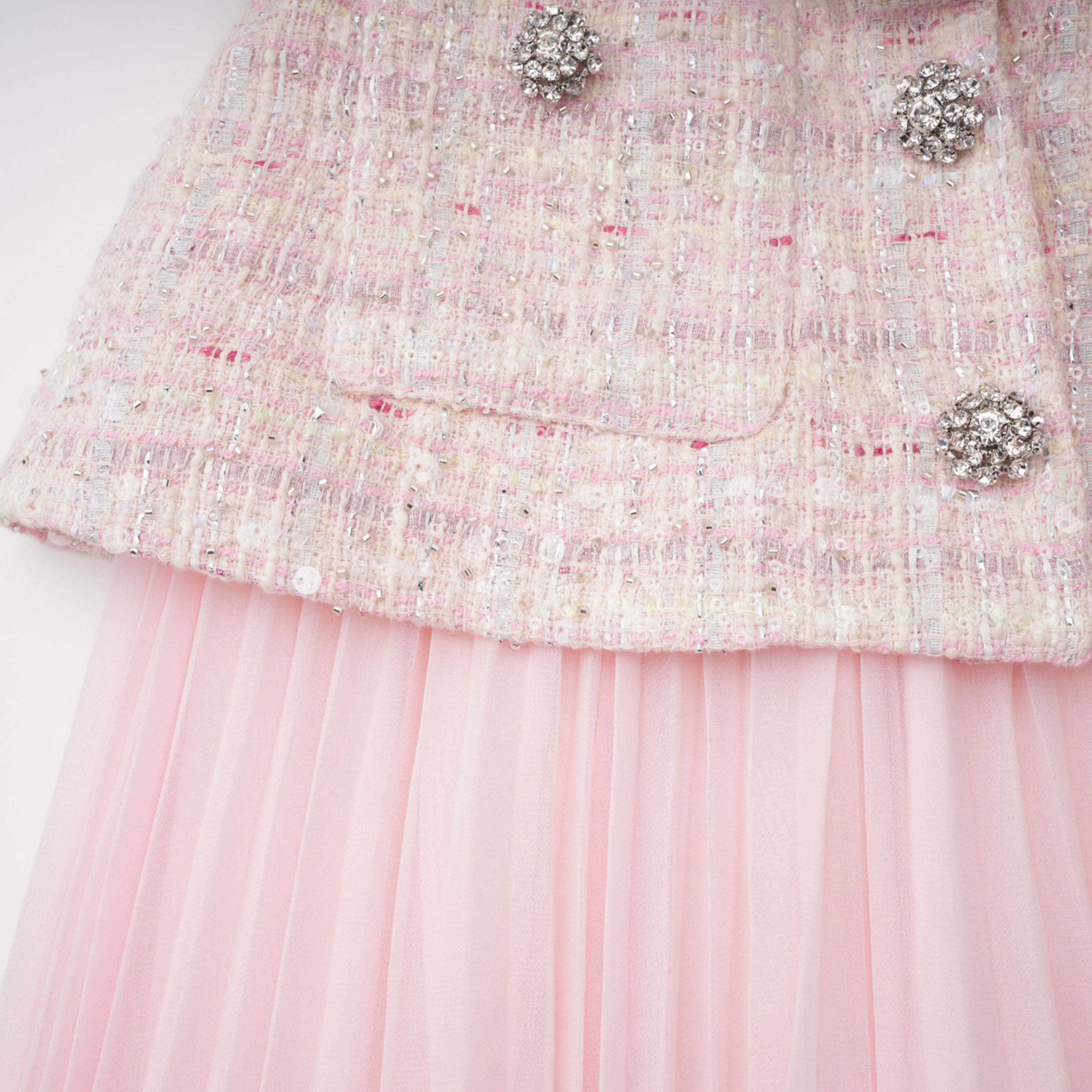 Tahmineh Pink Tweed Pleated Midi Dress (Final Sale-US Only)