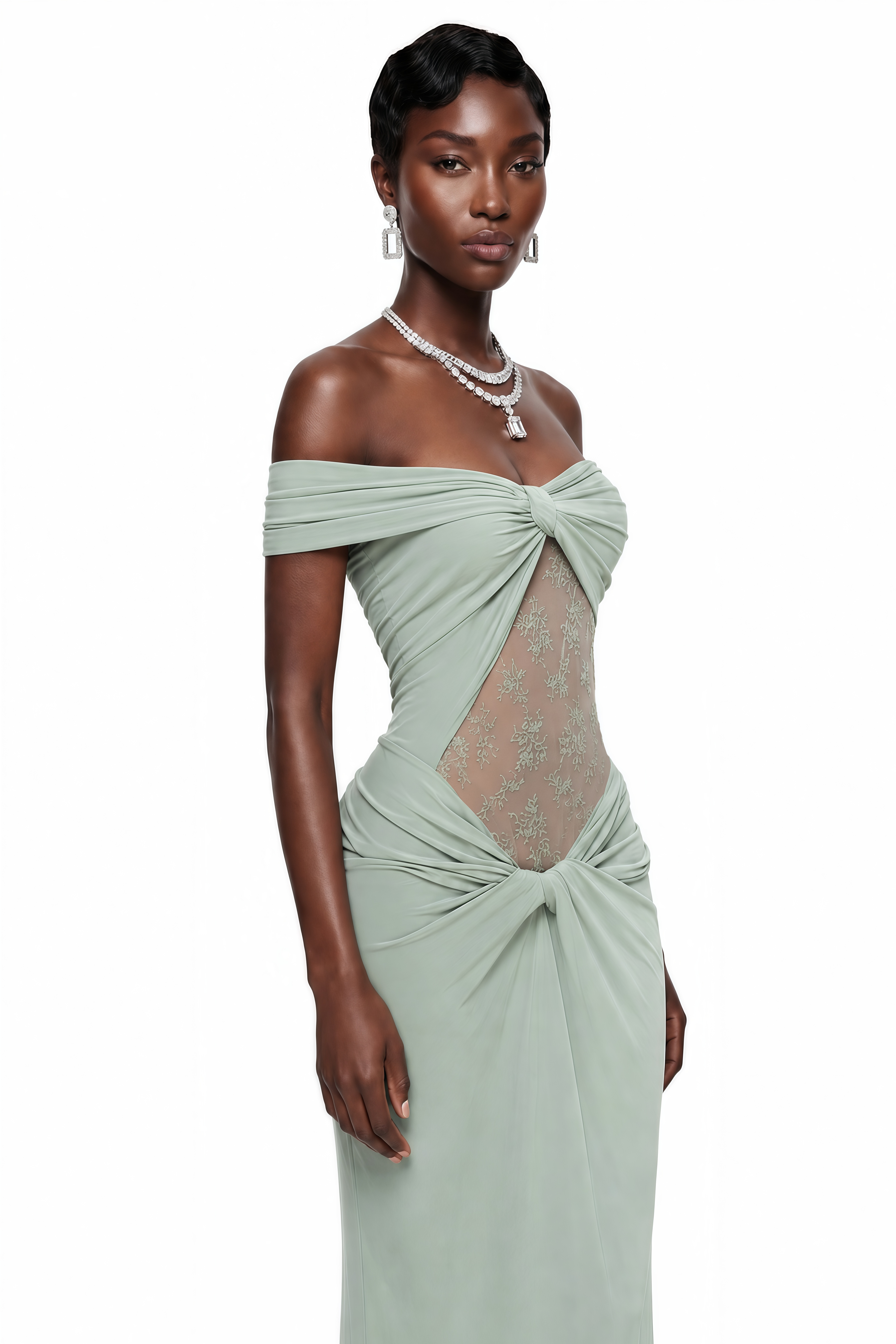 Sage green one-shoulder gown with a sheer embroidered bodice cutout