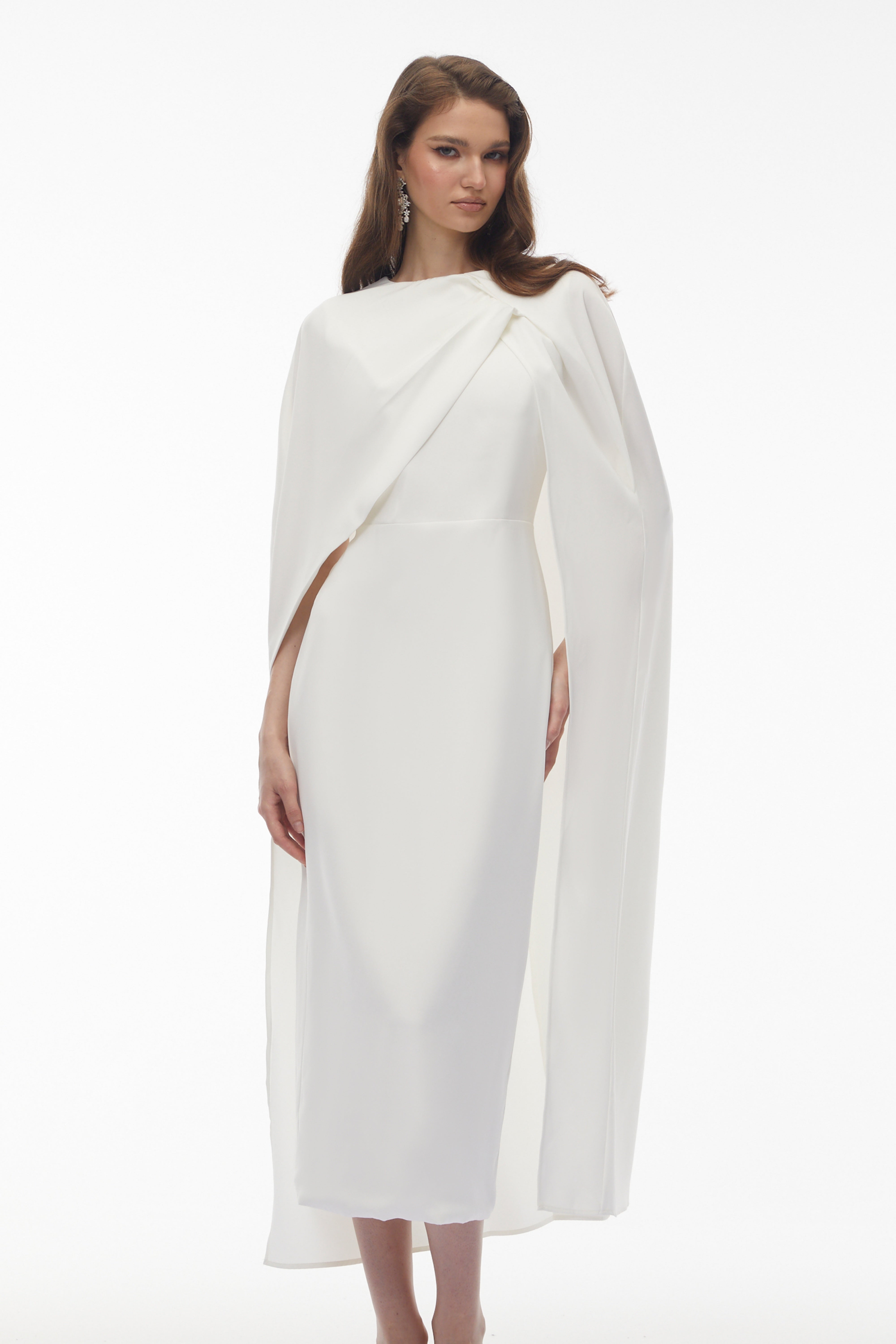 Tetyana White Cape Asymmetrical Midi Dress (Final Sale-US Only)