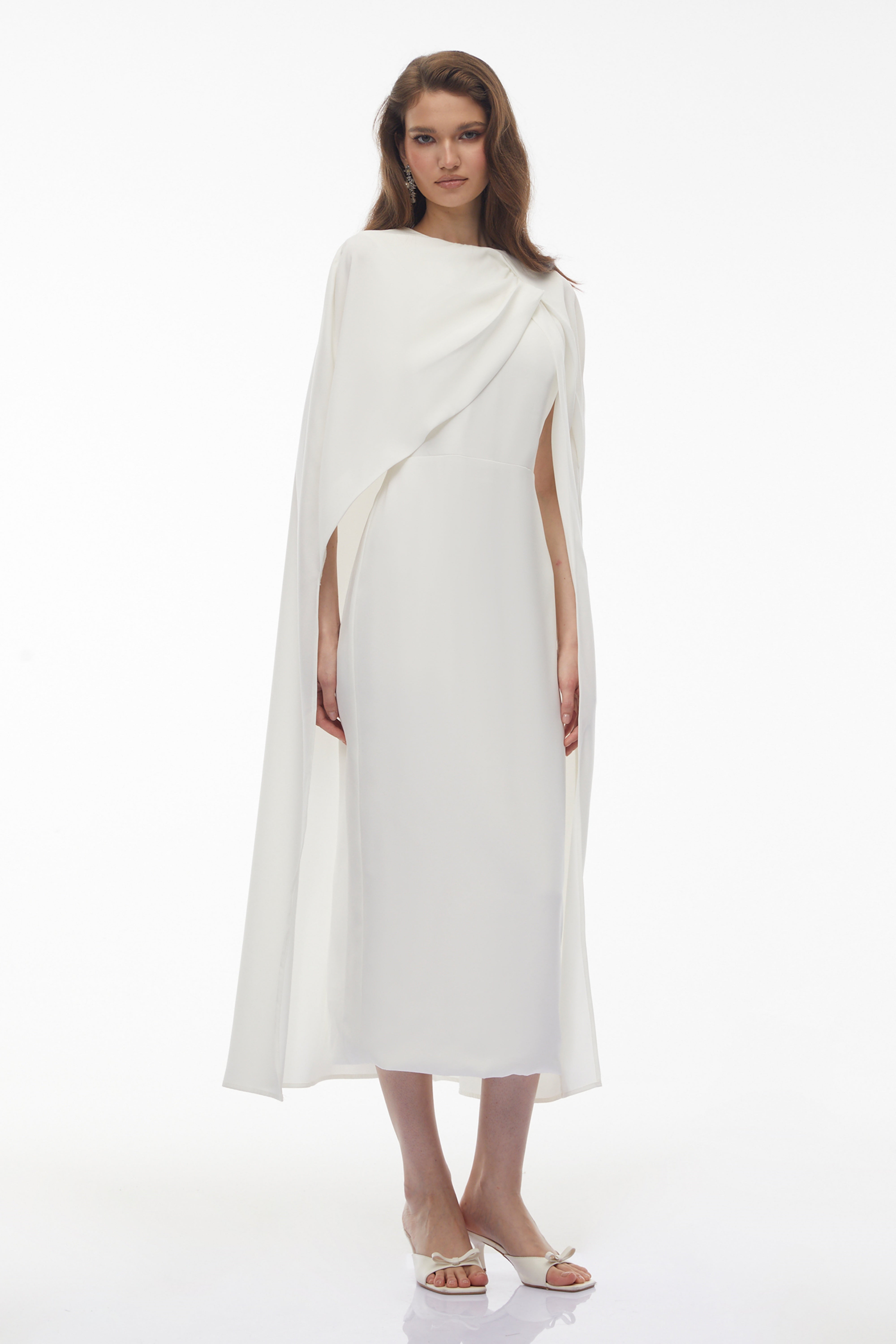 Tetyana White Cape Asymmetrical Midi Dress (Final Sale-US Only)