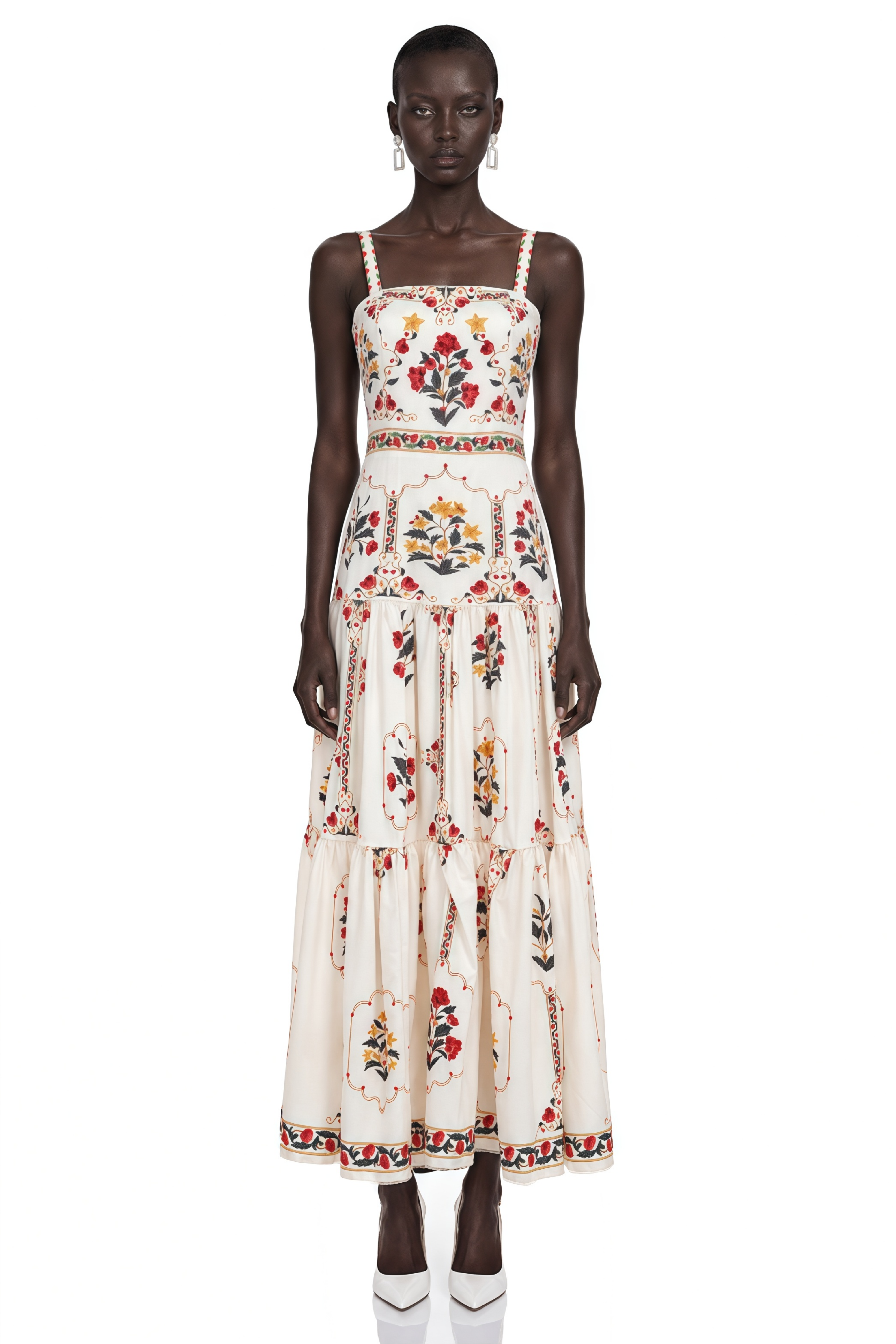 Delilah Cream Floral Print Midi Dress with Spaghetti Straps