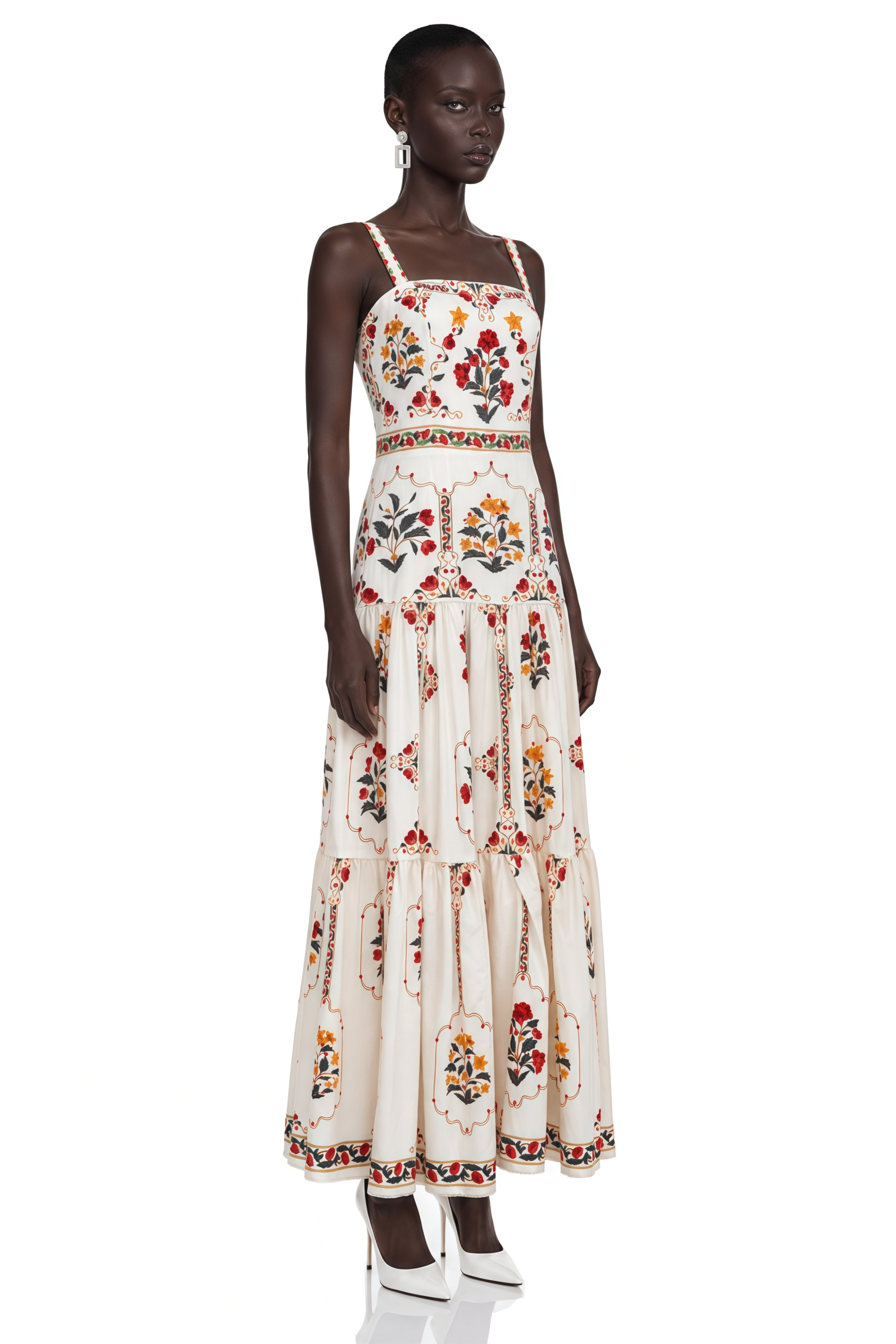 Delilah Cream Floral Print Midi Dress with Spaghetti Straps