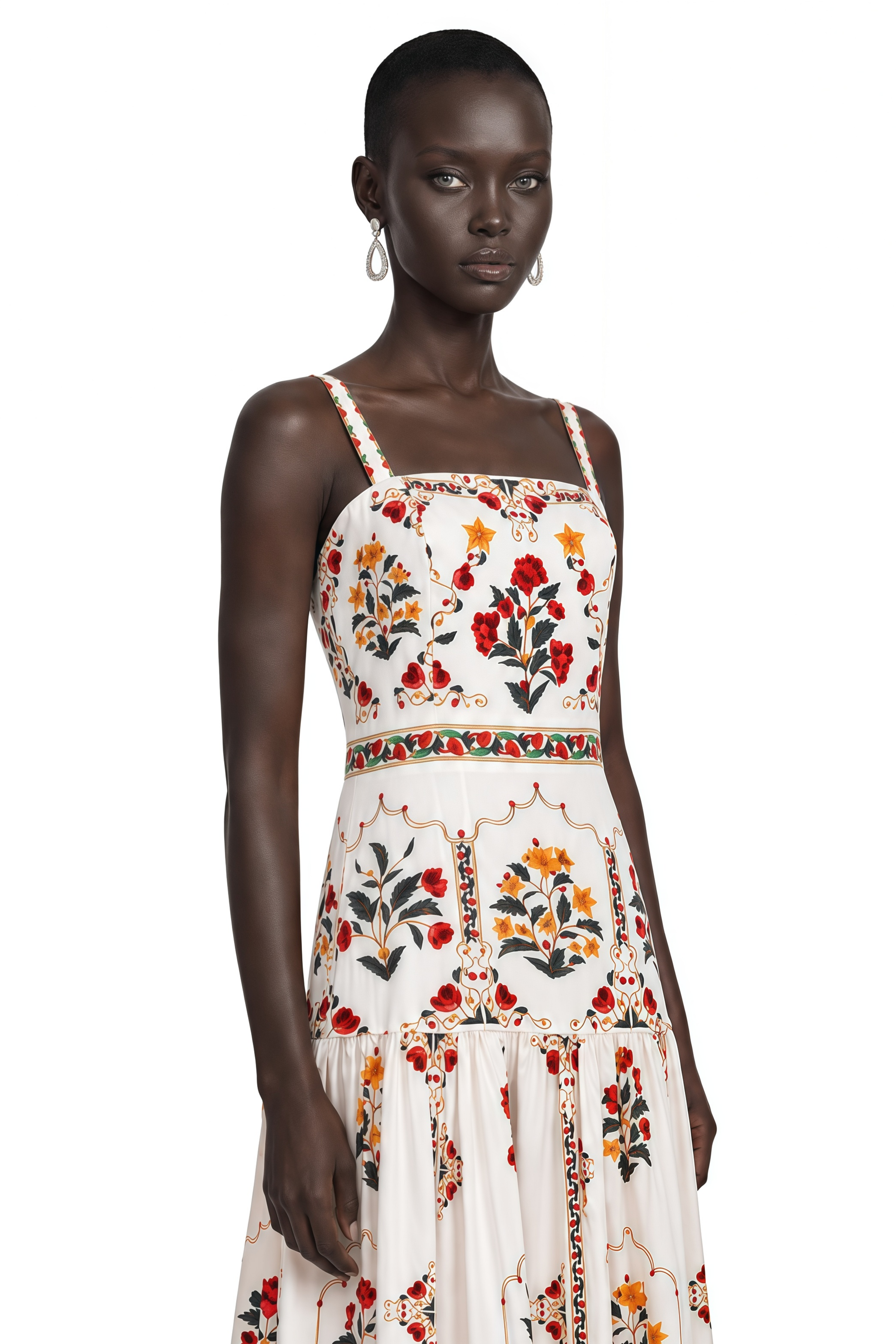 Delilah Cream Floral Print Midi Dress with Spaghetti Straps