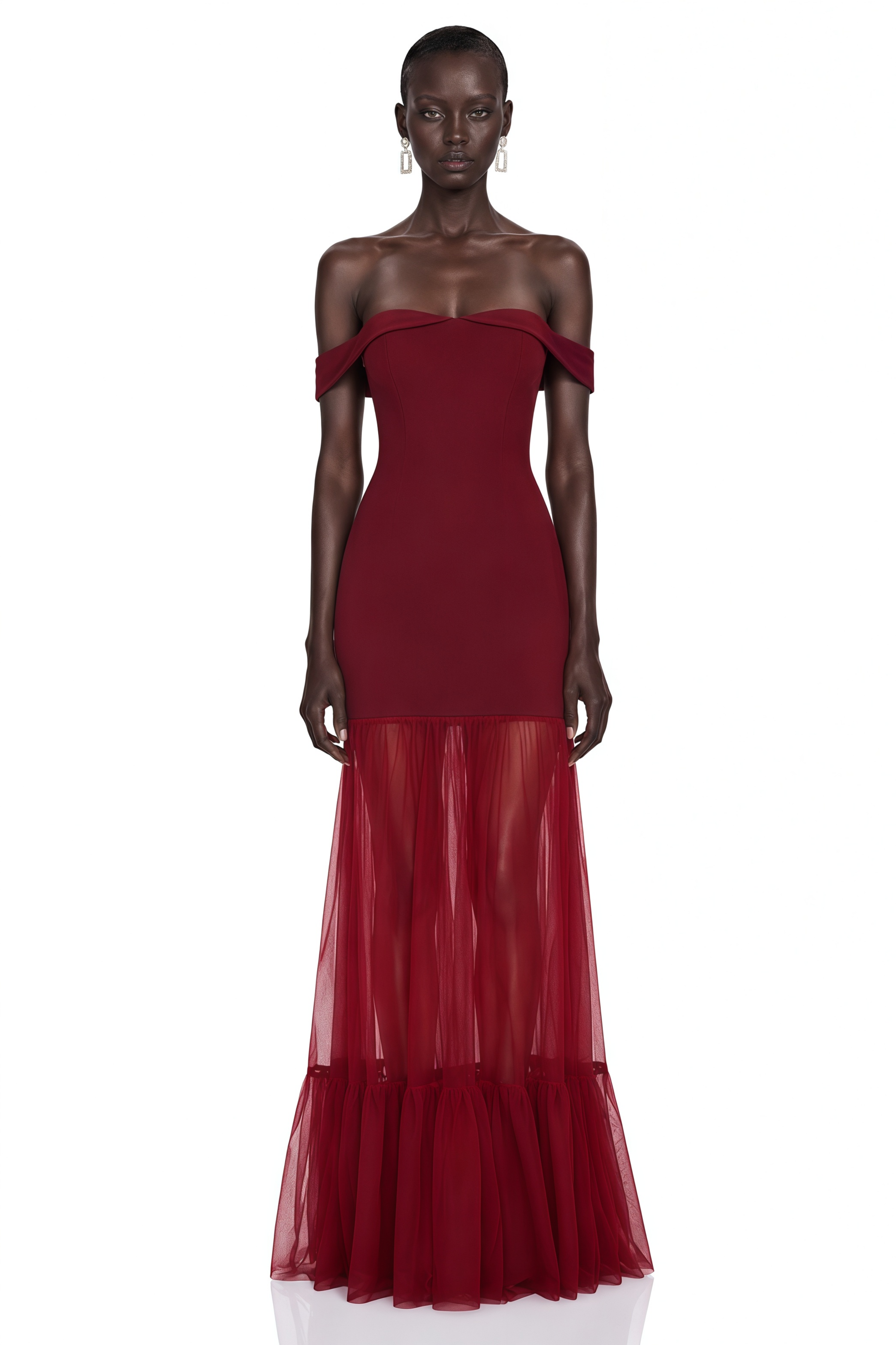 Tupou Burgundy Off Shoulder Semi-Sheer Maxi Dress