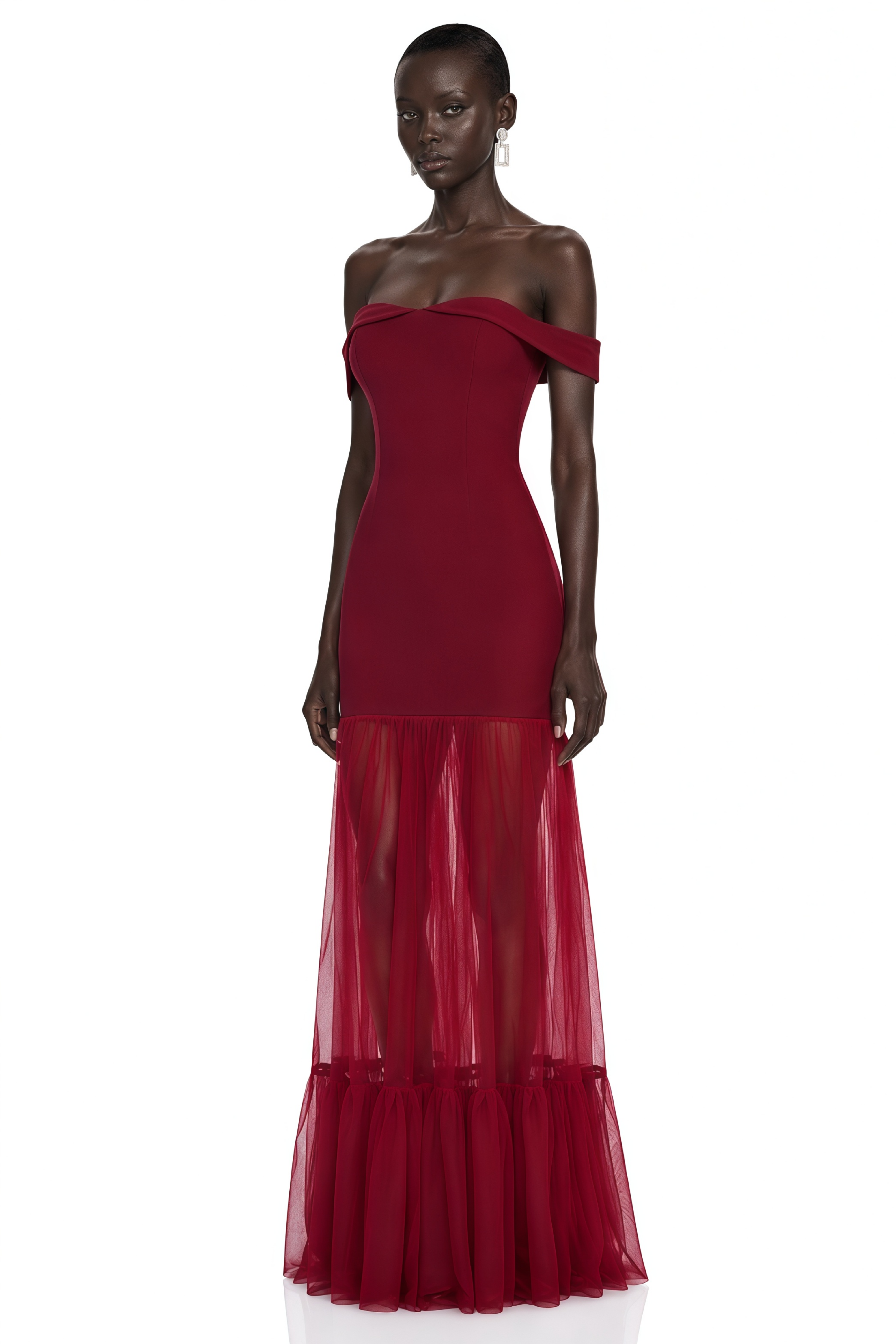 Tupou Burgundy Off Shoulder Semi-Sheer Maxi Dress