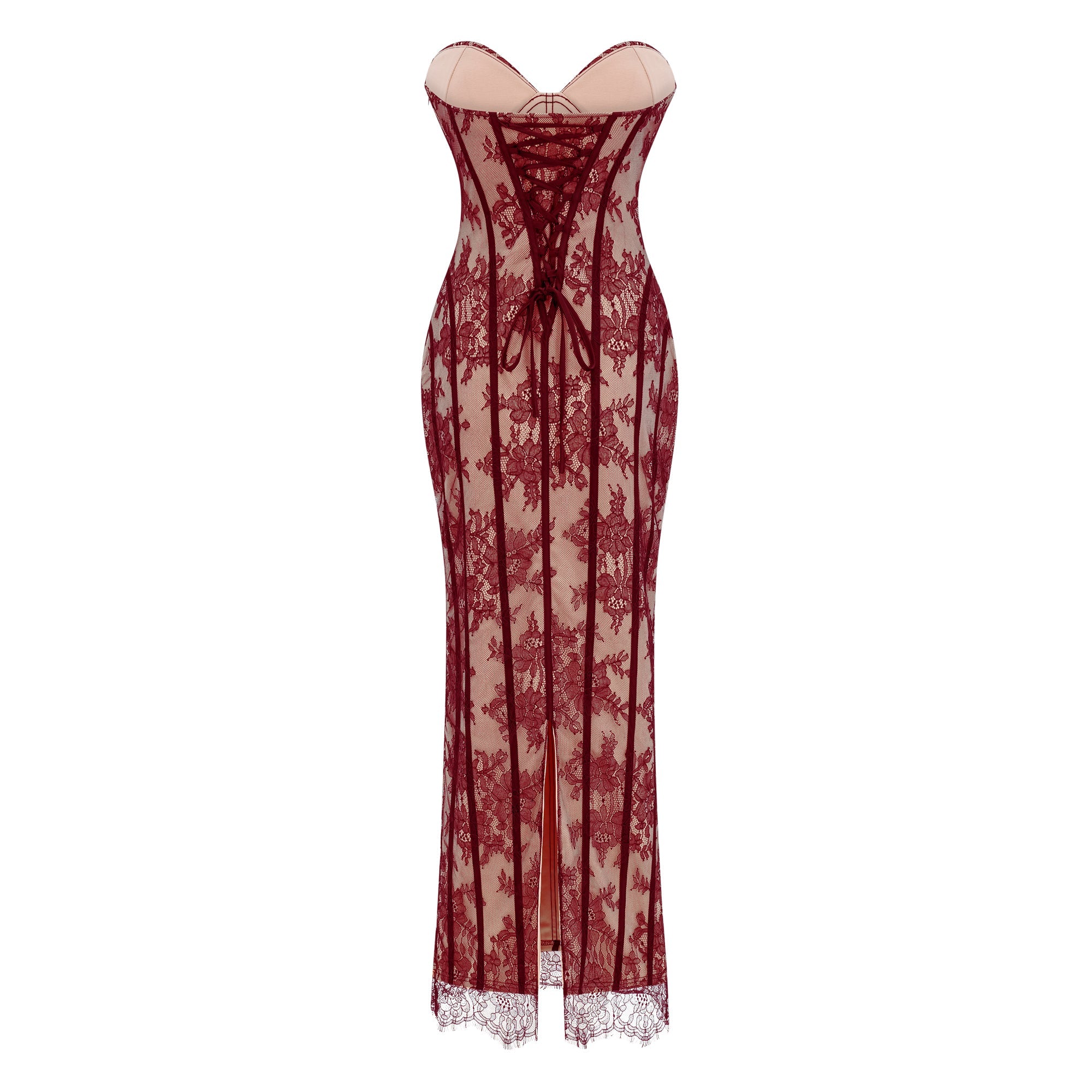 Burgundy strapless maxi dress featuring a nude lining with floral lace overlay and structured corset boning