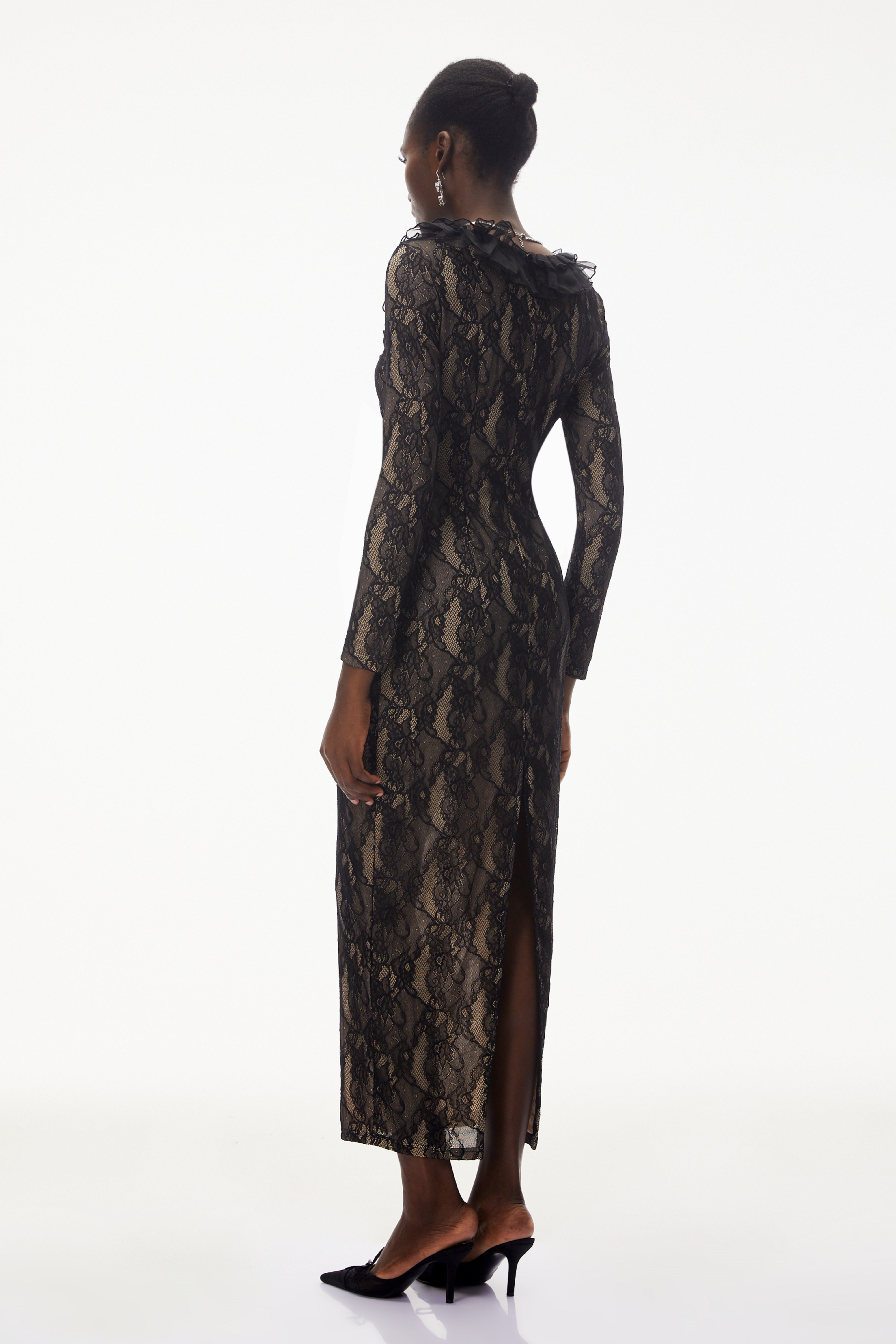 Vesna Black Ruffled Lace Midi Dress (Final Sale)