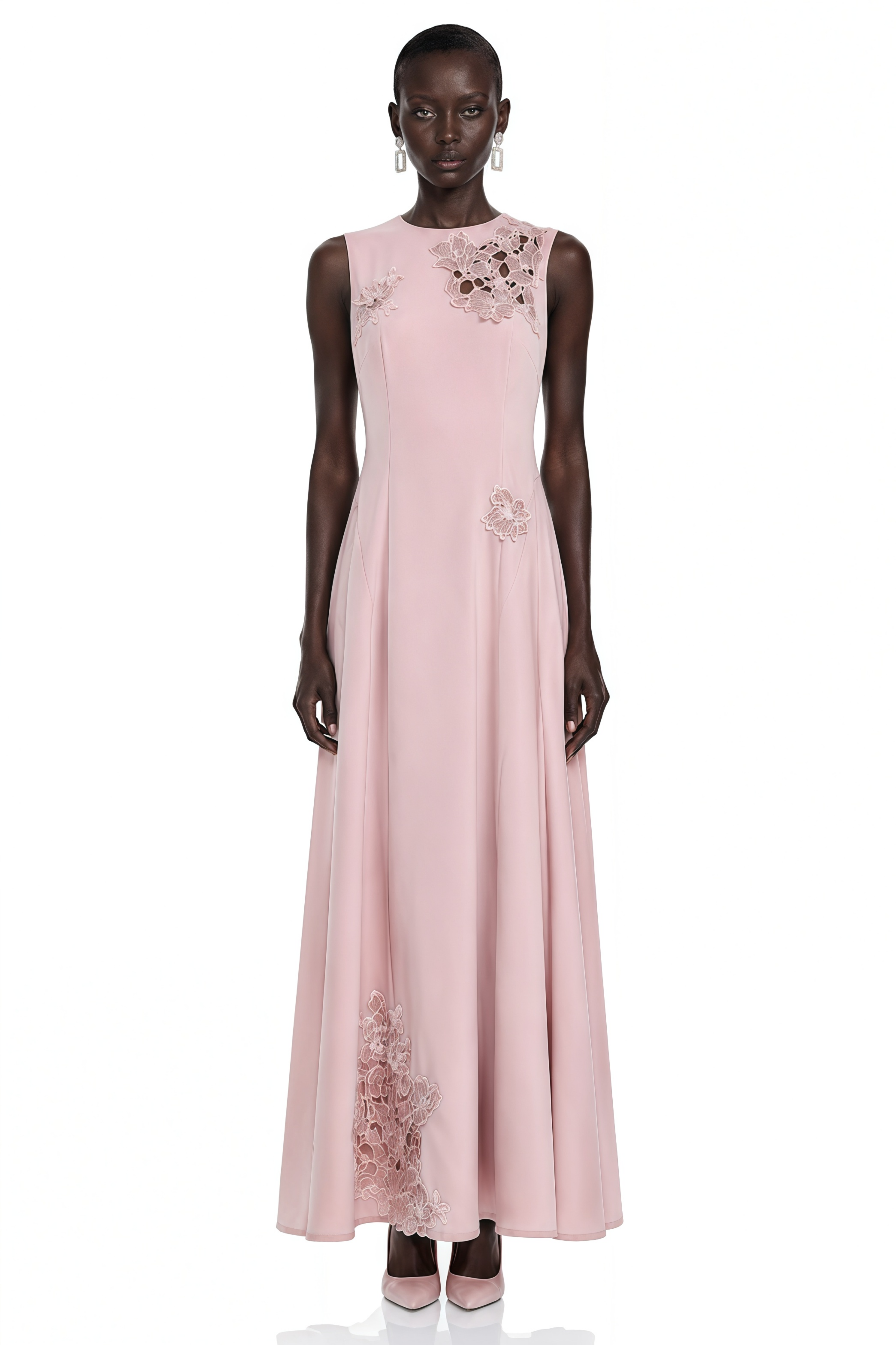 Vesper Pink Sleeveless Maxi Dress with Floral Lace Panels