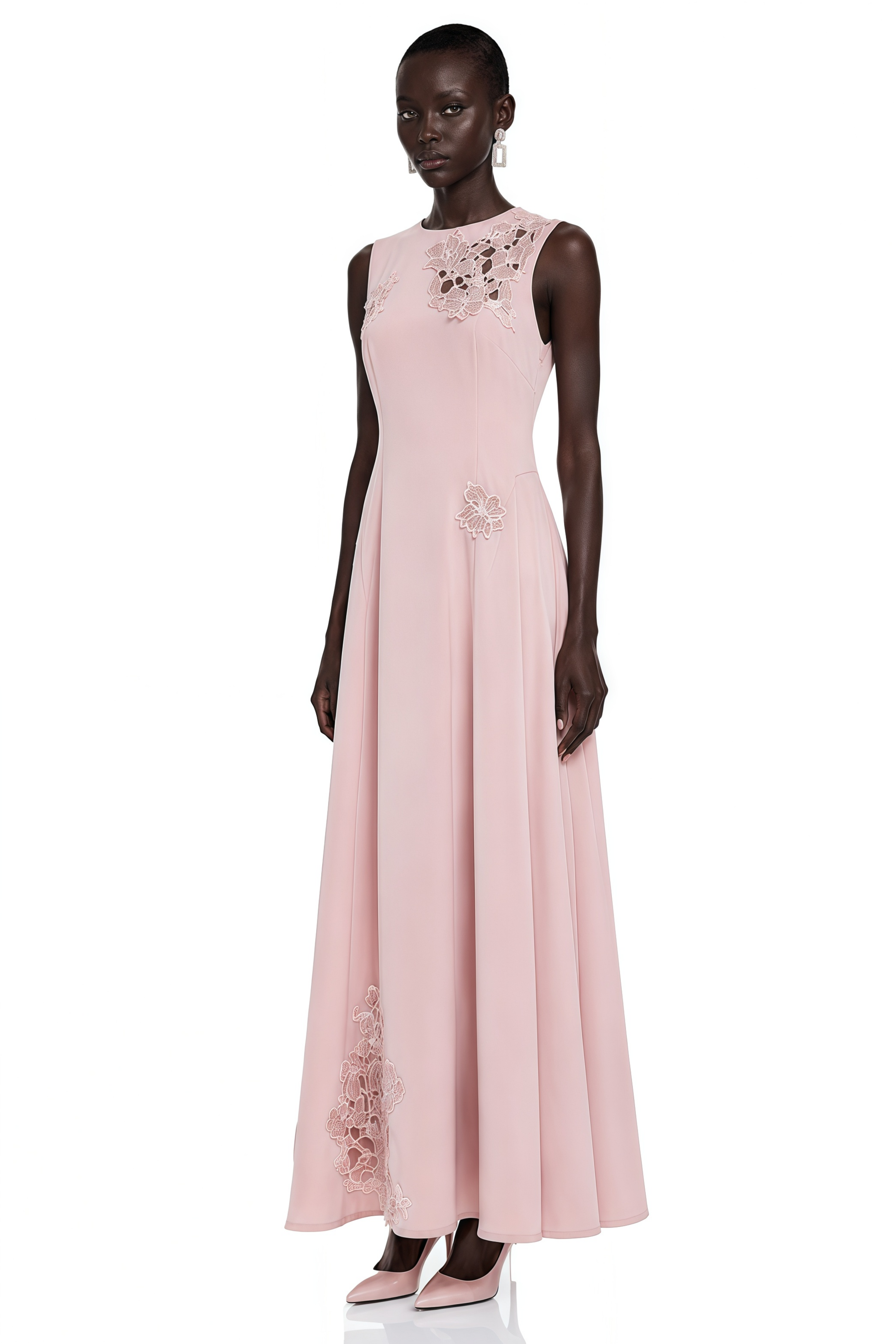 Vesper Pink Sleeveless Maxi Dress with Floral Lace Panels