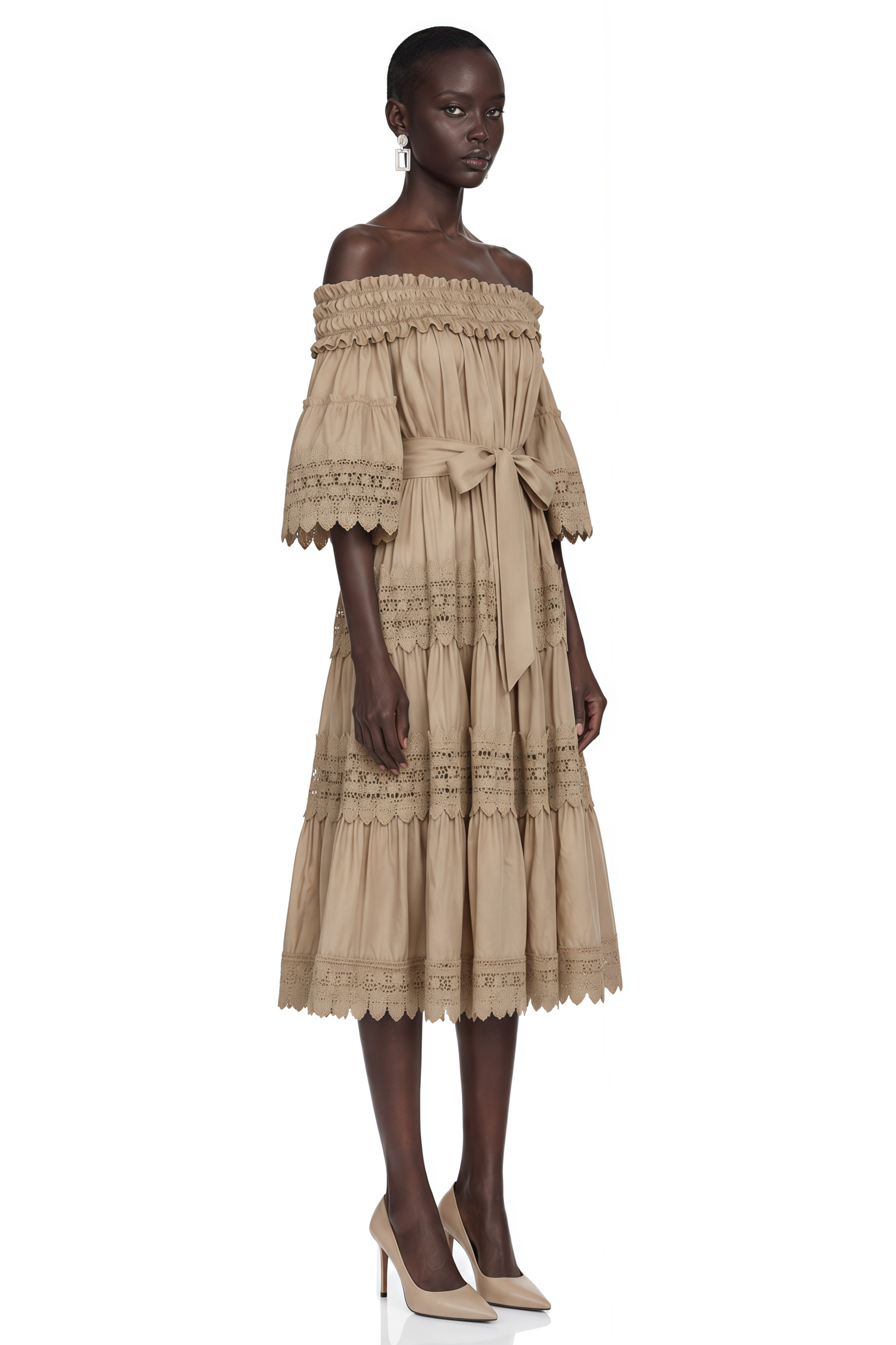 Vespera Brown Off-Shoulder Ruffled Midi Dress