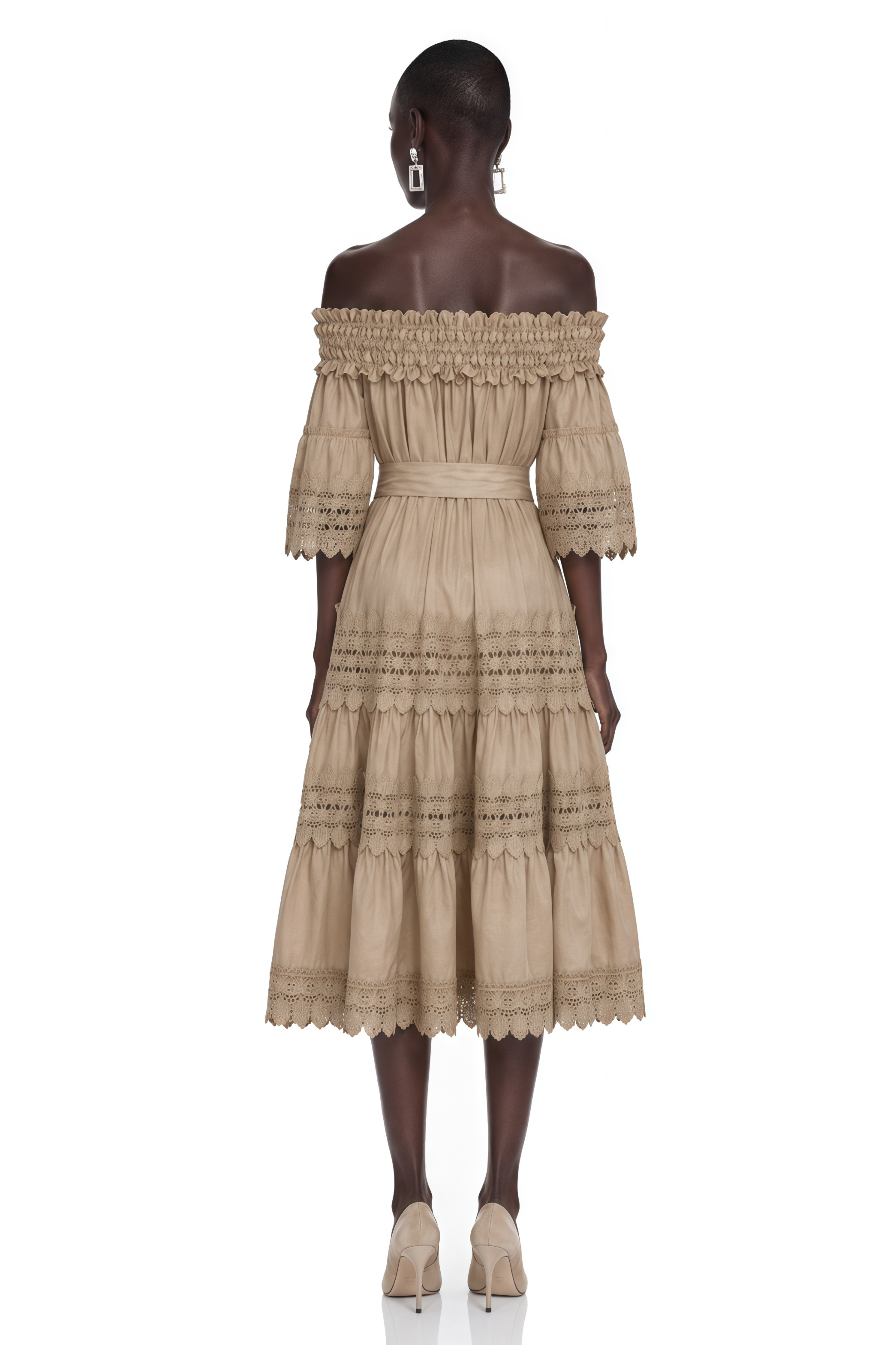 Vespera Brown Off-Shoulder Ruffled Midi Dress