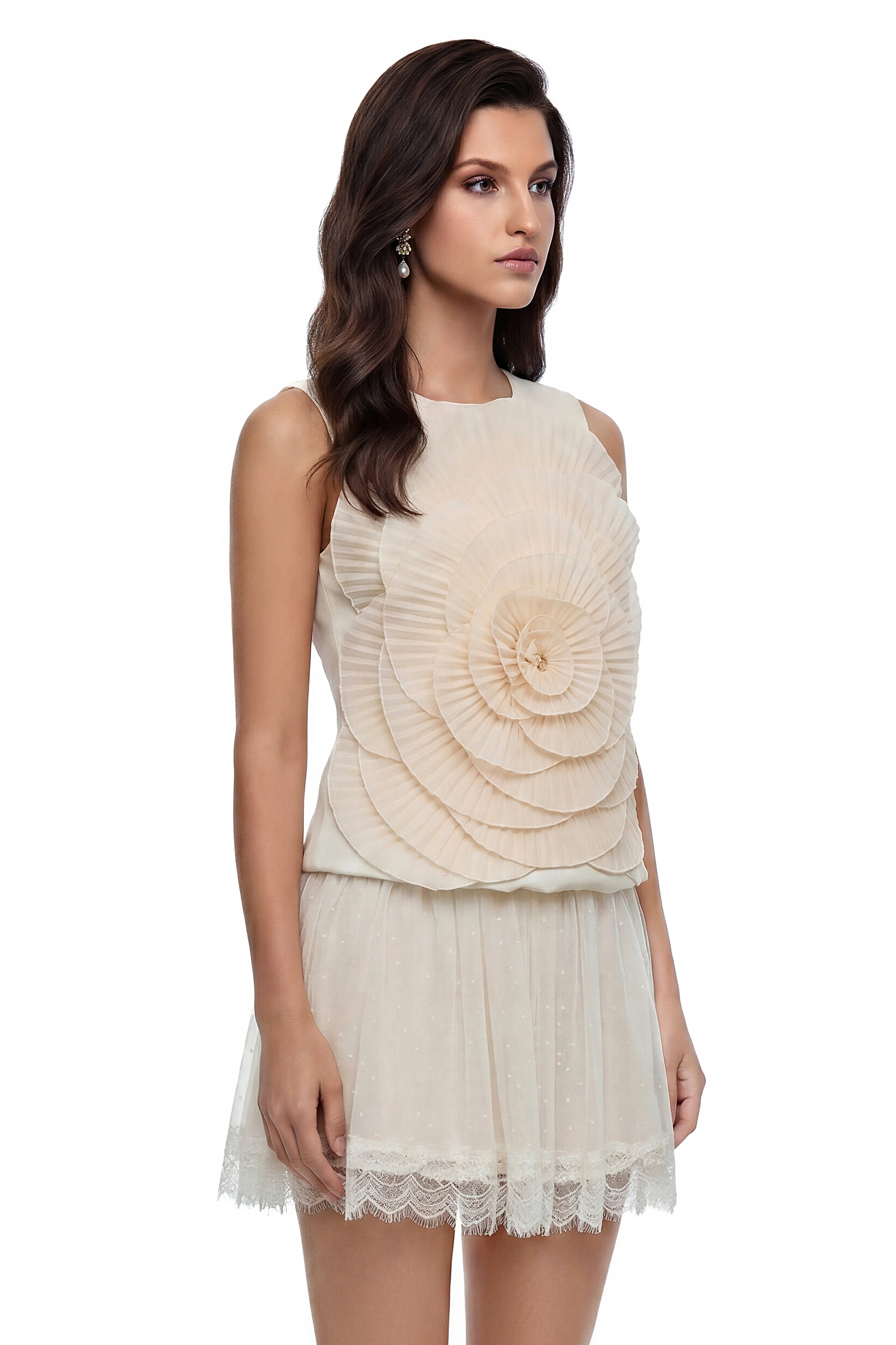 Victoria Ivory Sleeveless Pleated Top with 3D Florals