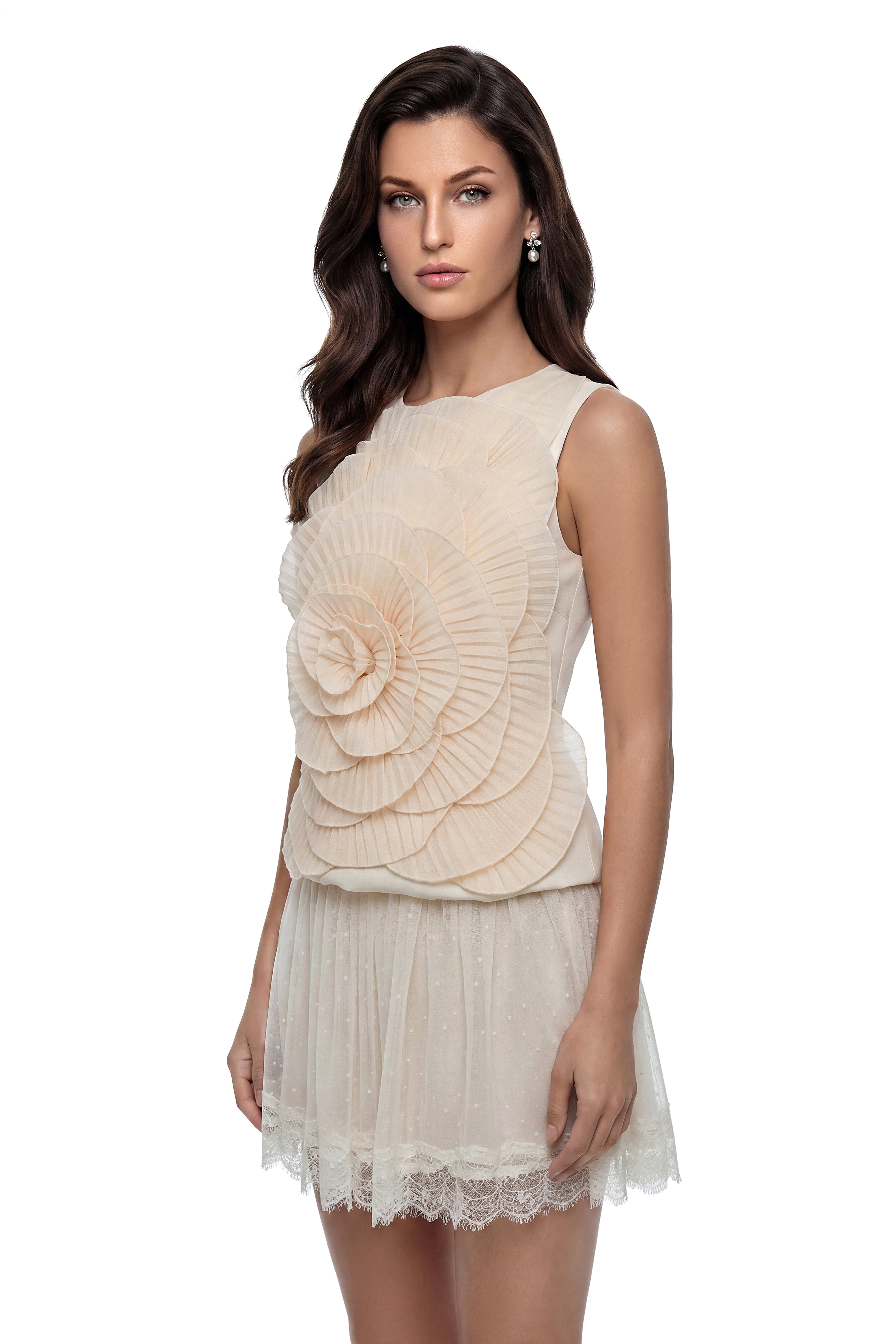 Victoria Ivory Sleeveless Pleated Top with 3D Florals