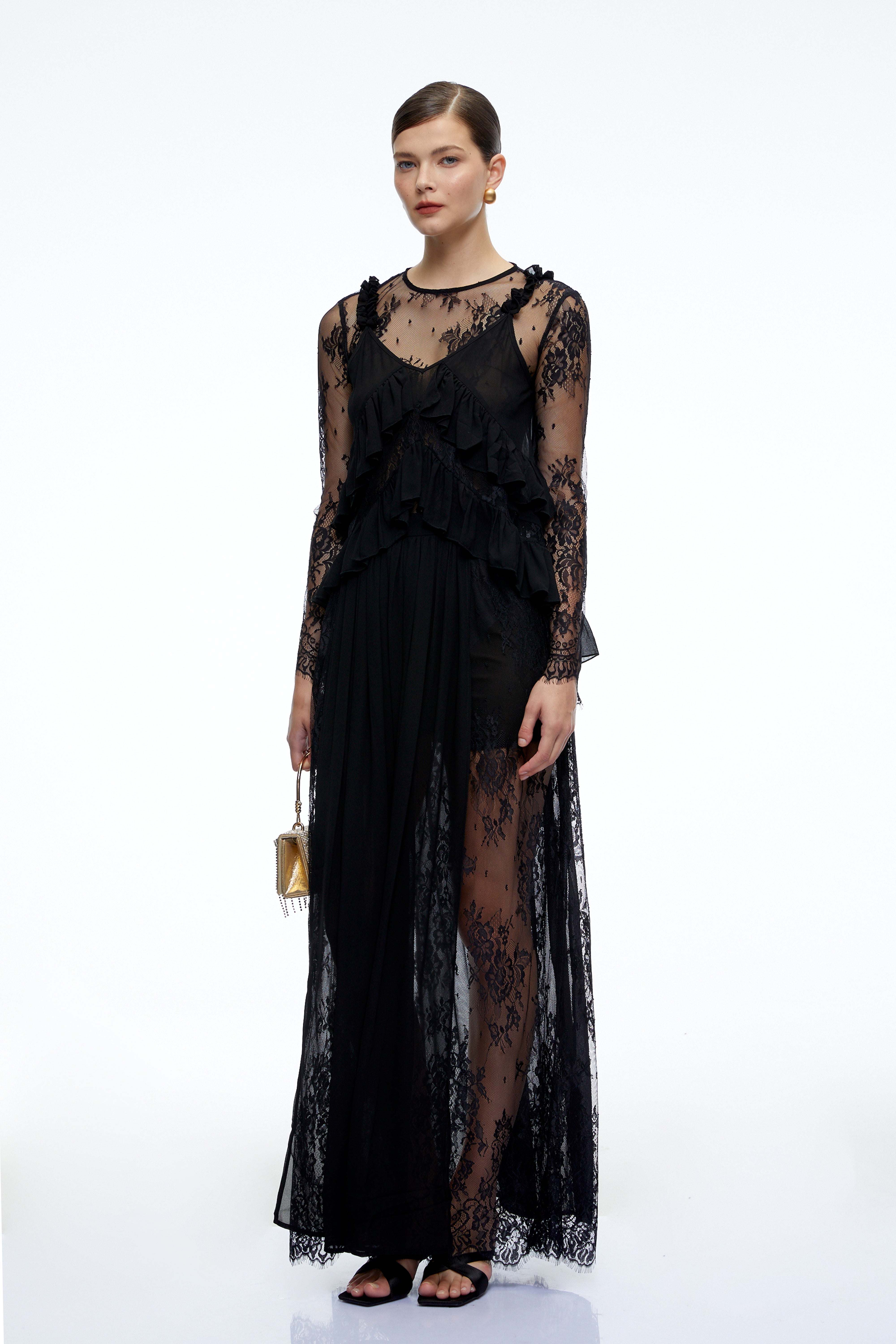 Vivian Black Sheer Lace Long Sleeves Ruffled Maxi Dress