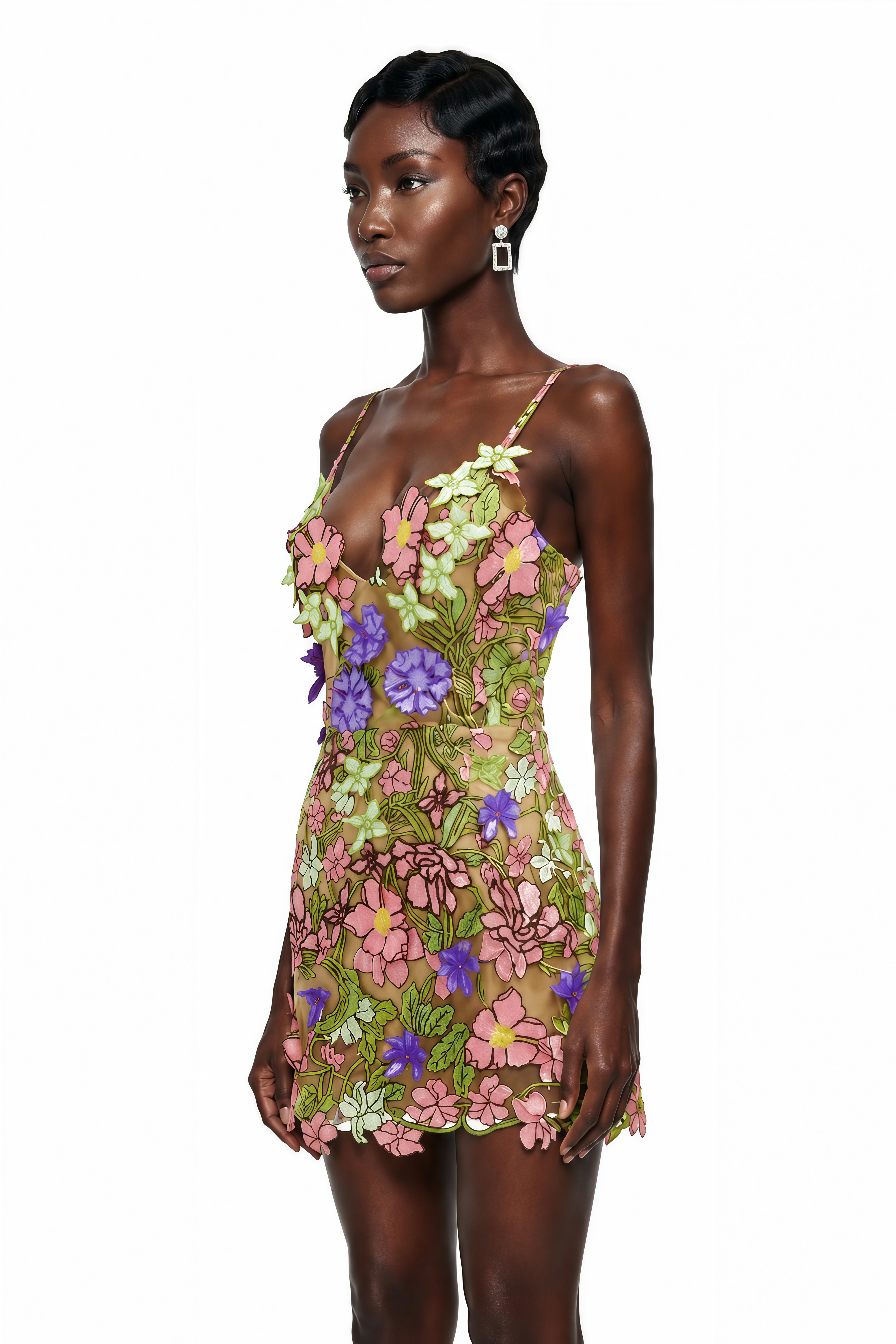 Mini-robe Wakatipu verte à col en V avec motifs floraux en 3D (Vente définitive - États-Unis uniquement)
