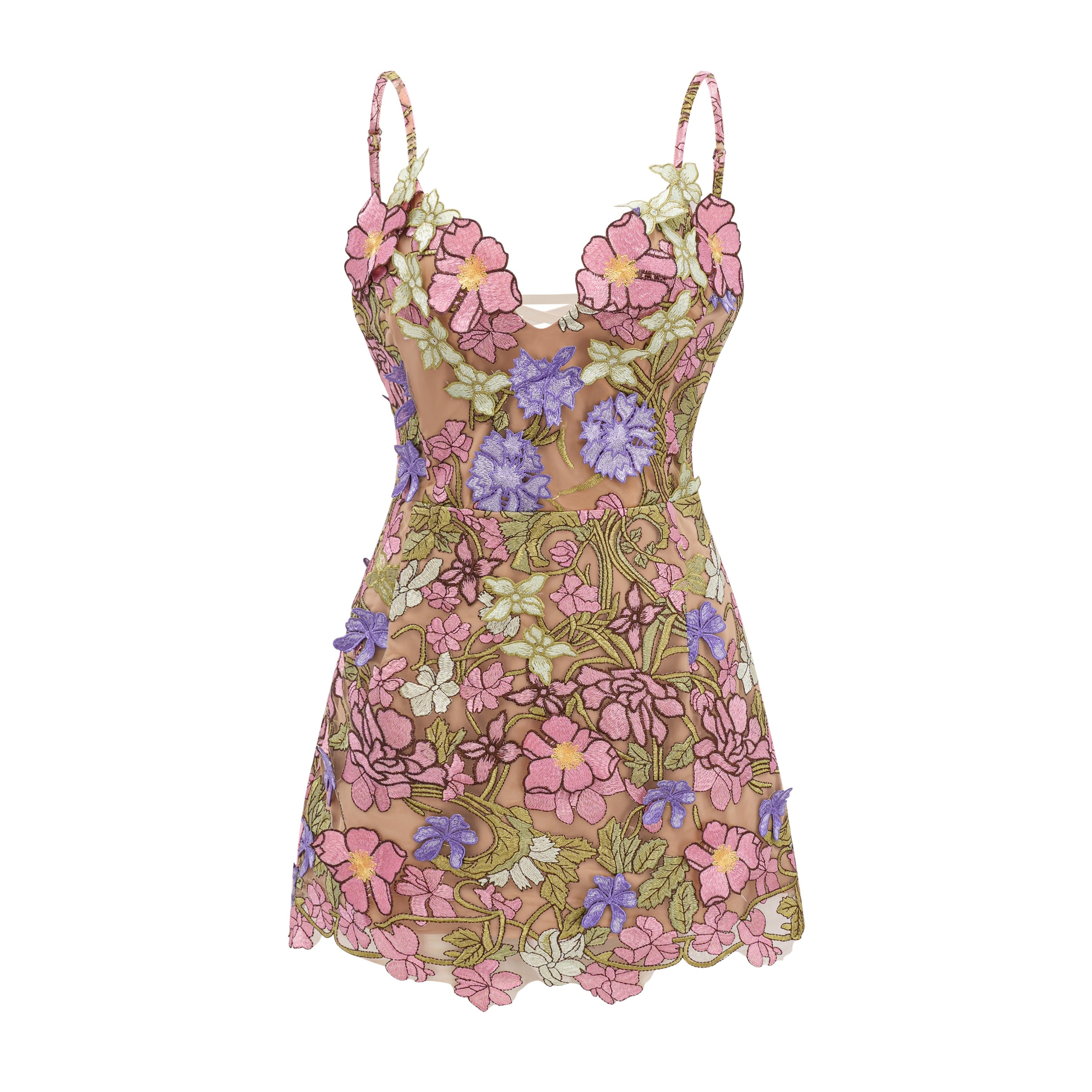 Wakatipu Green V-Neck Mini Dress with 3D Florals