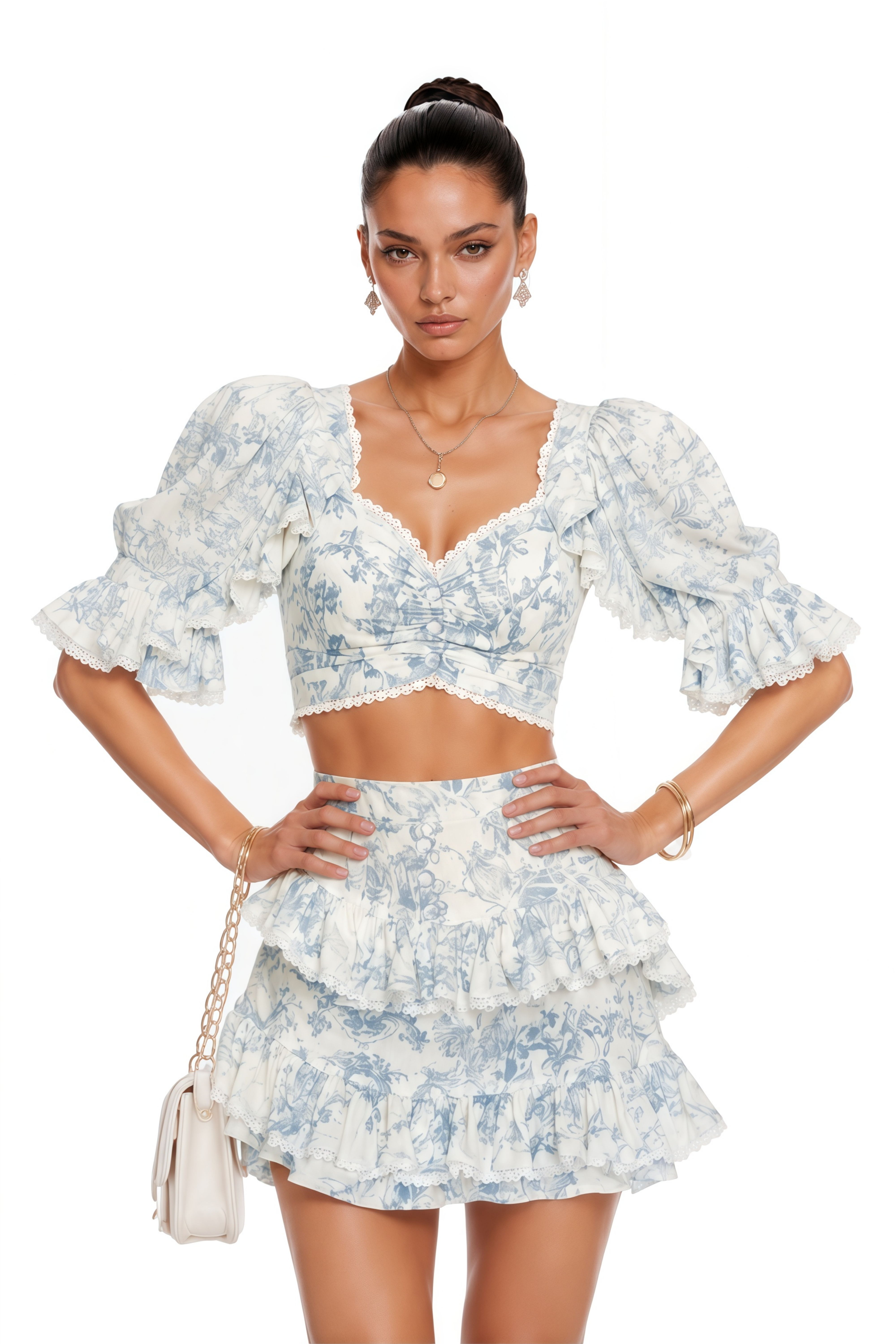 Whina Blue Puff Sleeve Floral Print Top & Skirt Set