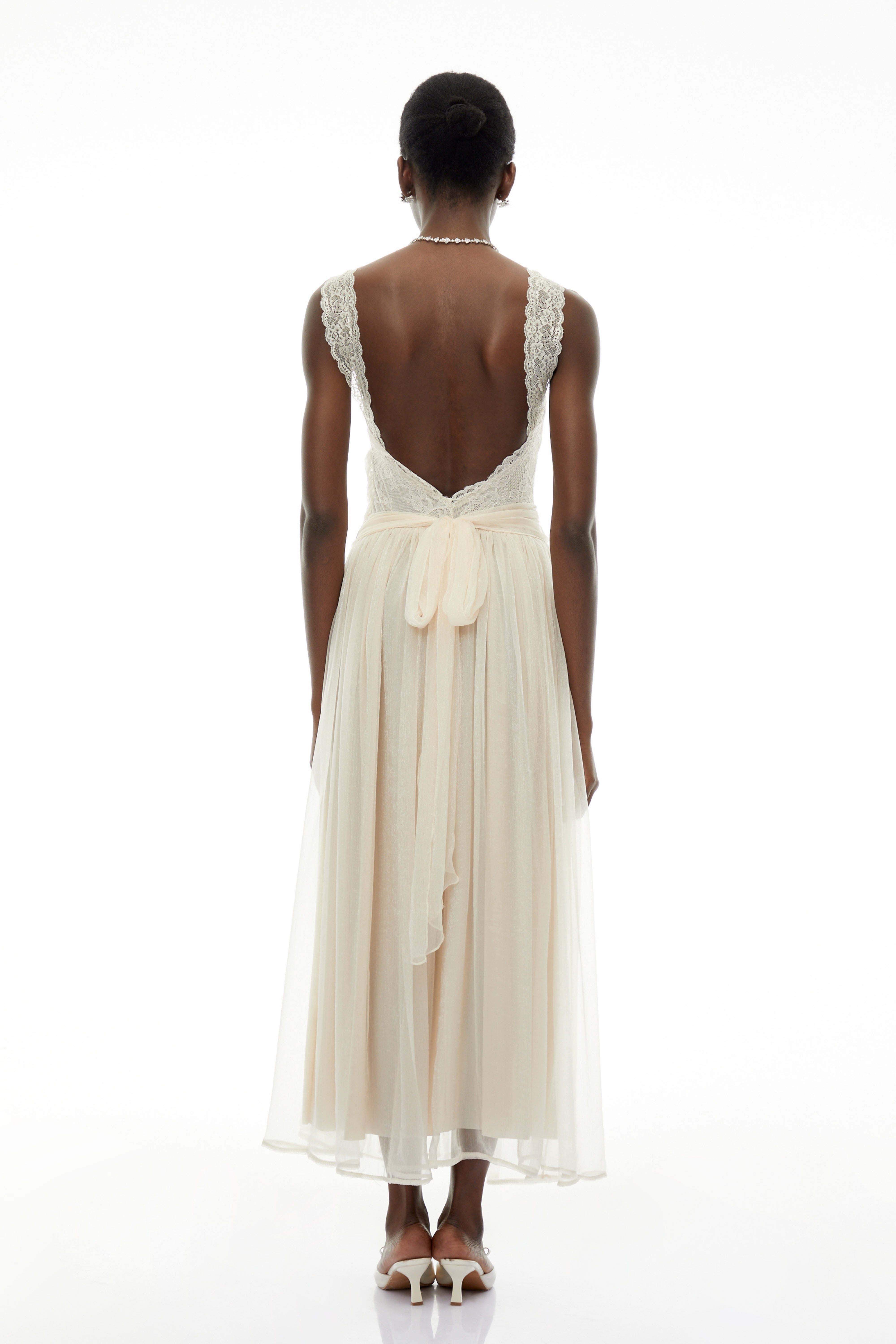 Wolfgang White Pleated Maxi Dress with Lace Panels (Final Sale)