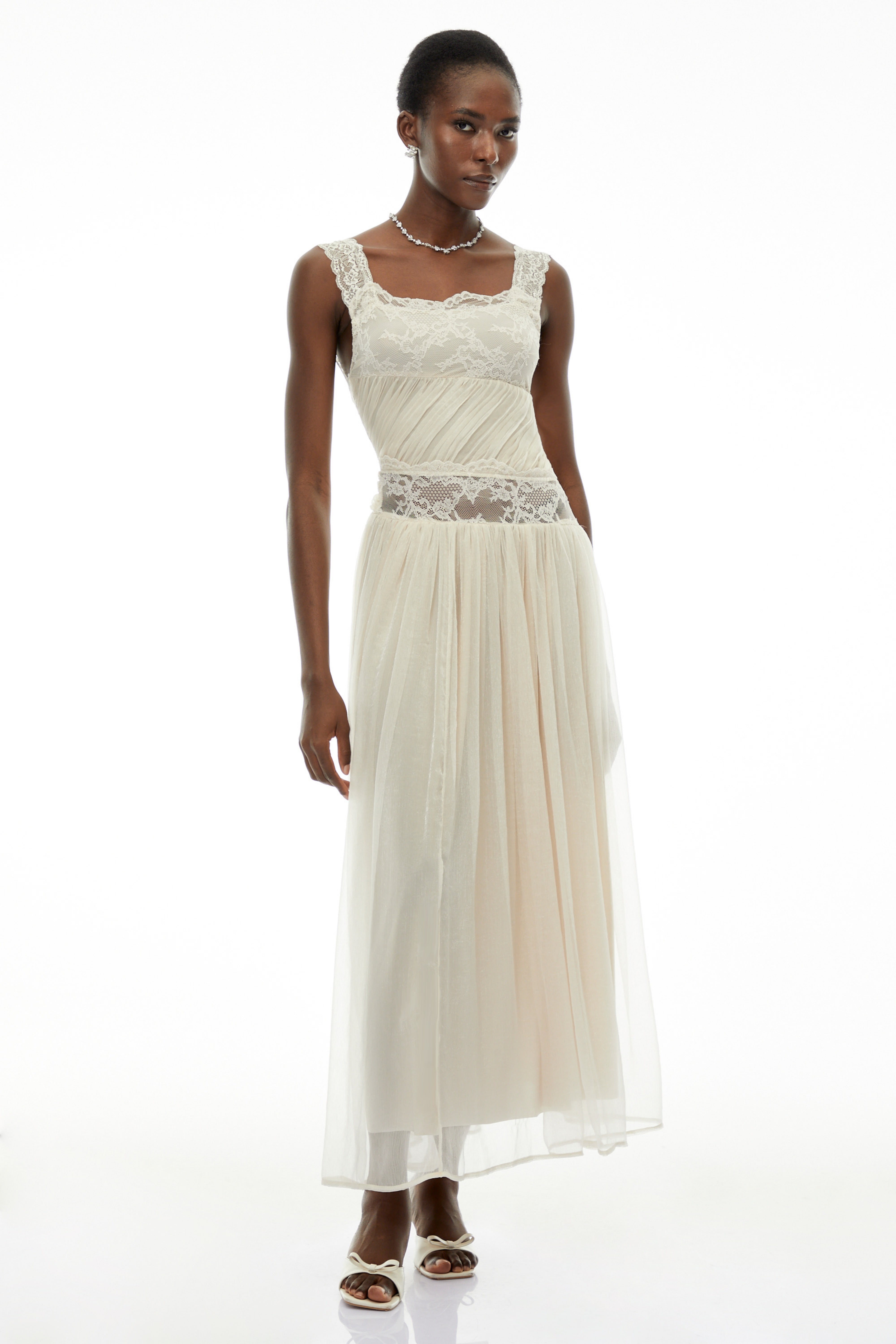 Wolfgang White Pleated Maxi Dress with Lace Panels (Final Sale)