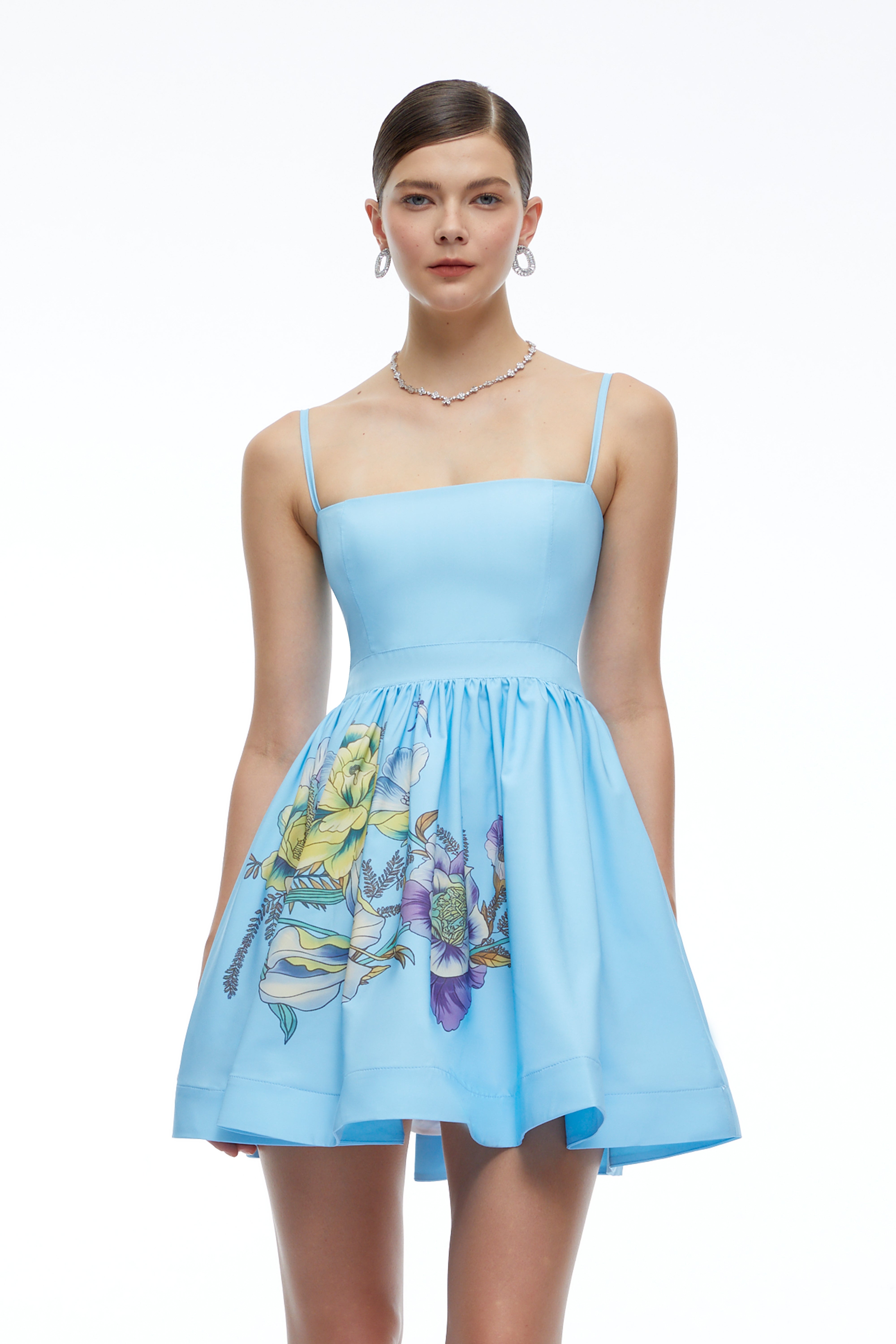 Xanthe Blue Floral Square Neck Mini Dress