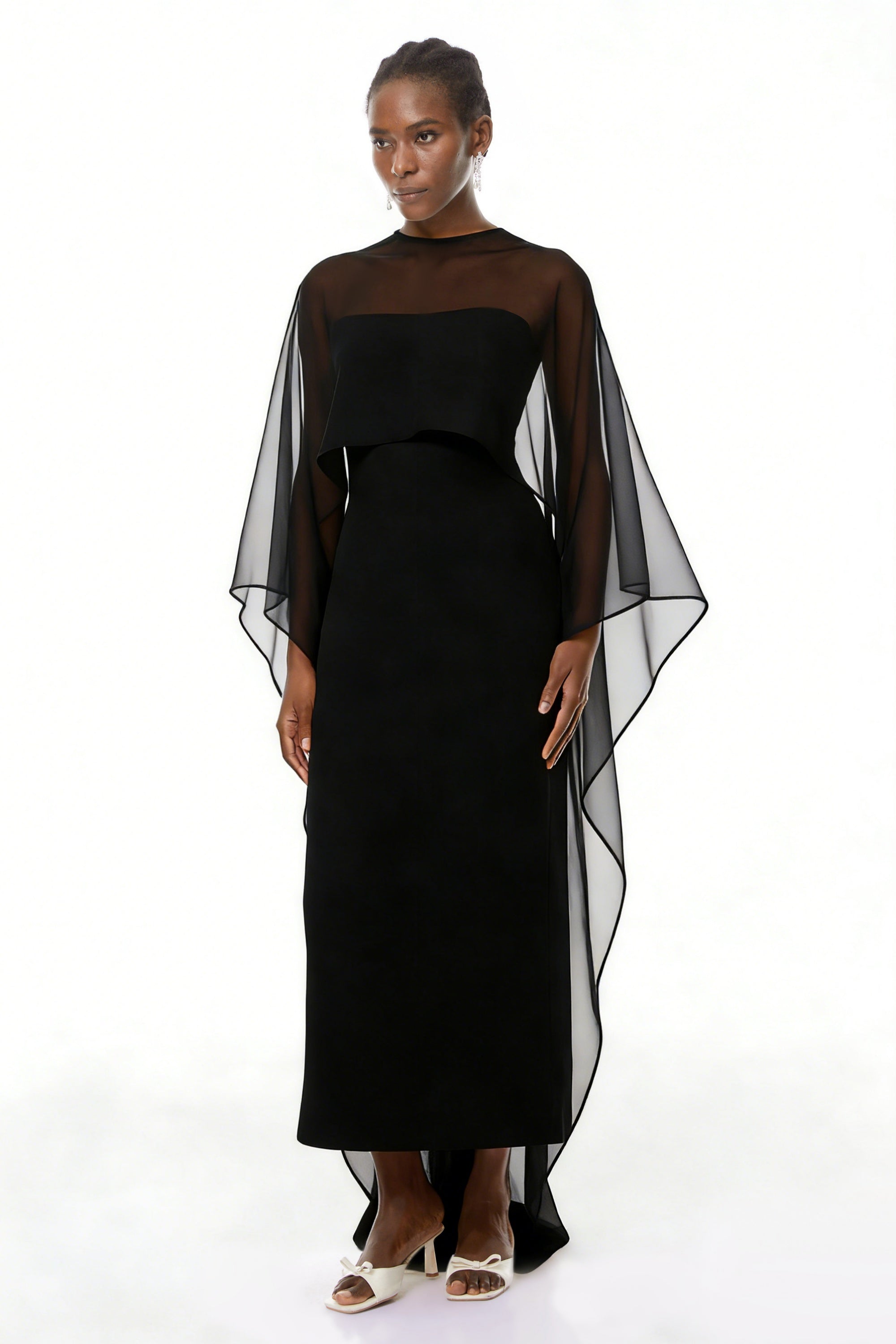 Xiomara Black Cape Design Satin Maxi Dress (Final Sale-US Only)