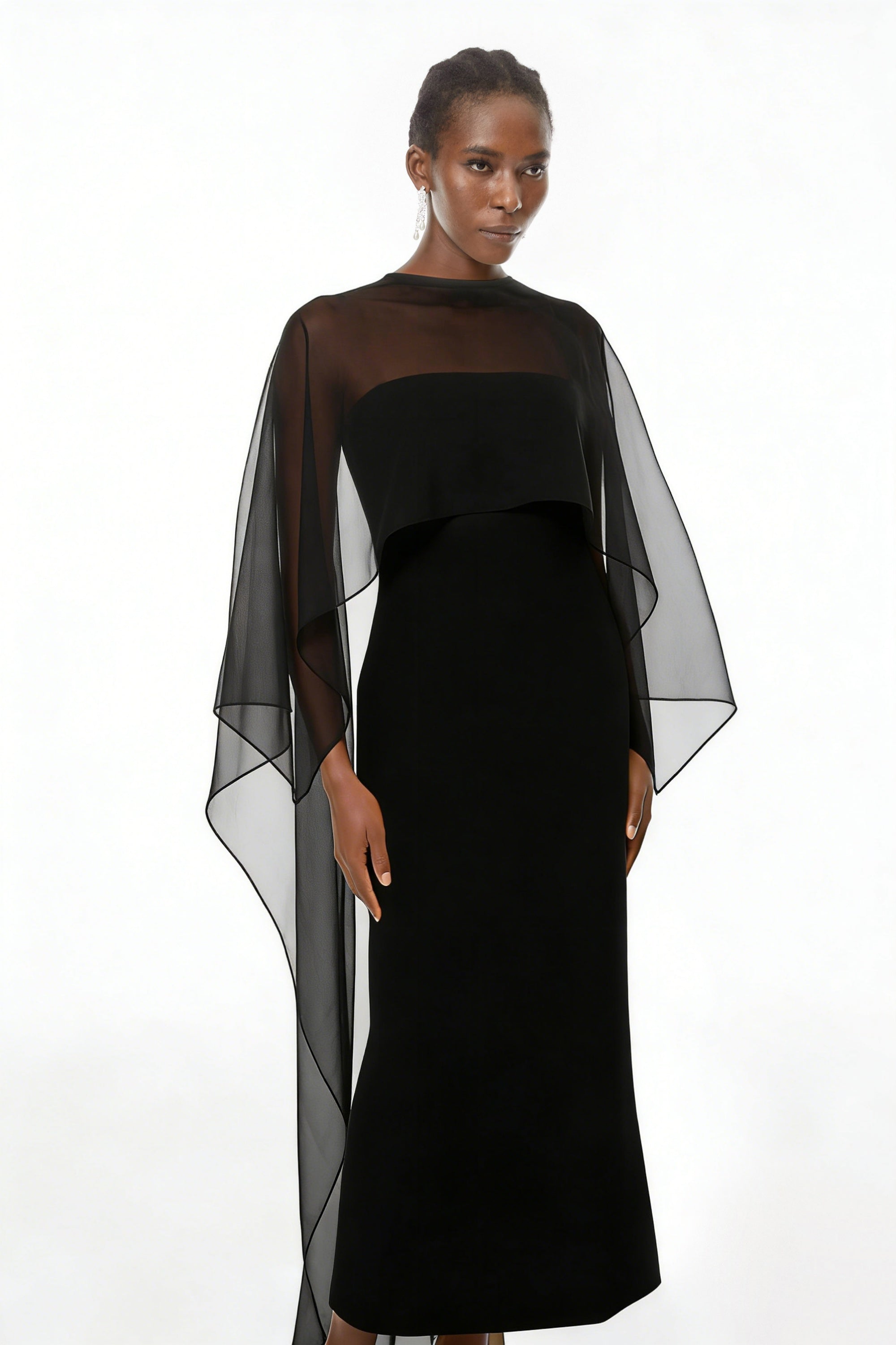 Xiomara Black Cape Design Satin Maxi Dress (Final Sale-US Only)