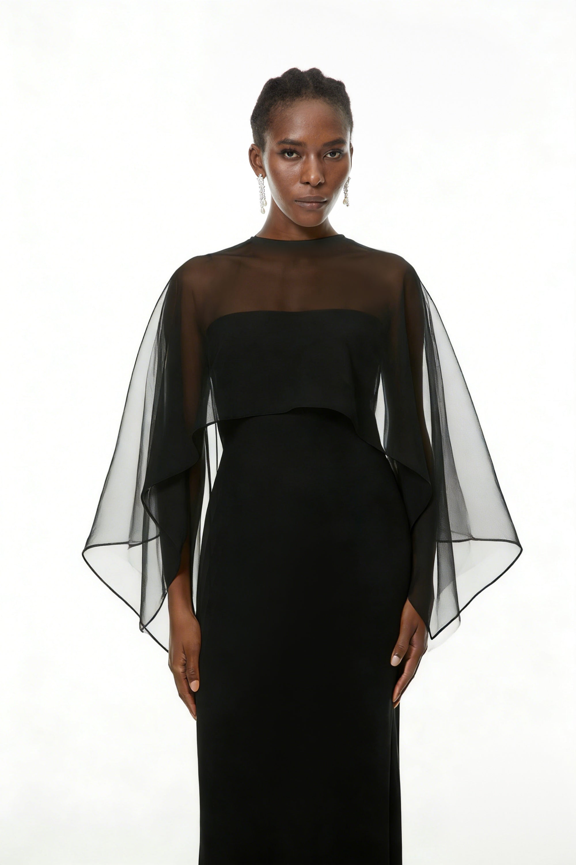 Xiomara Black Cape Design Satin Maxi Dress (Final Sale-US Only)