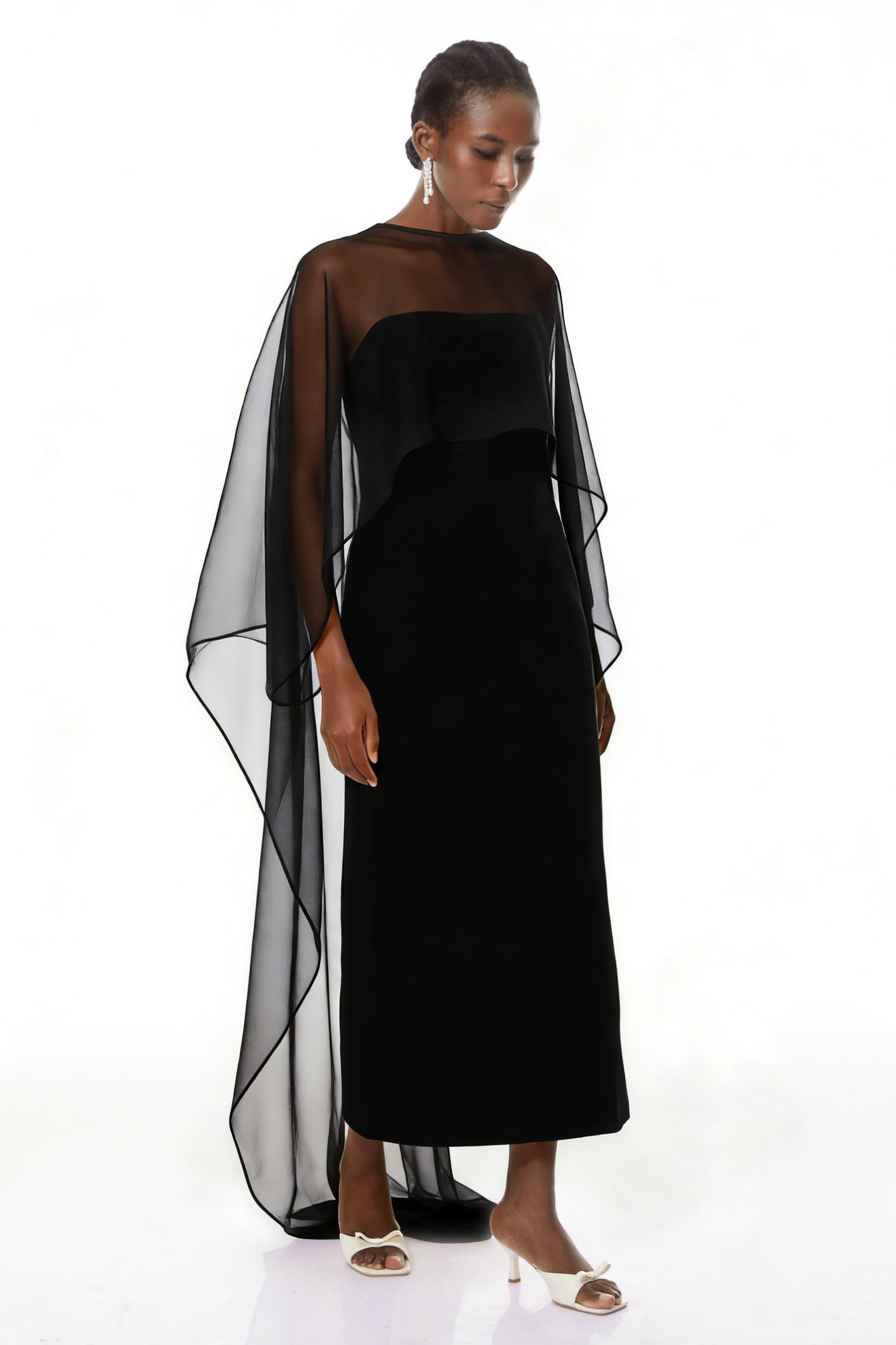 Xiomara Black Cape Design Satin Maxi Dress (Final Sale-US Only)