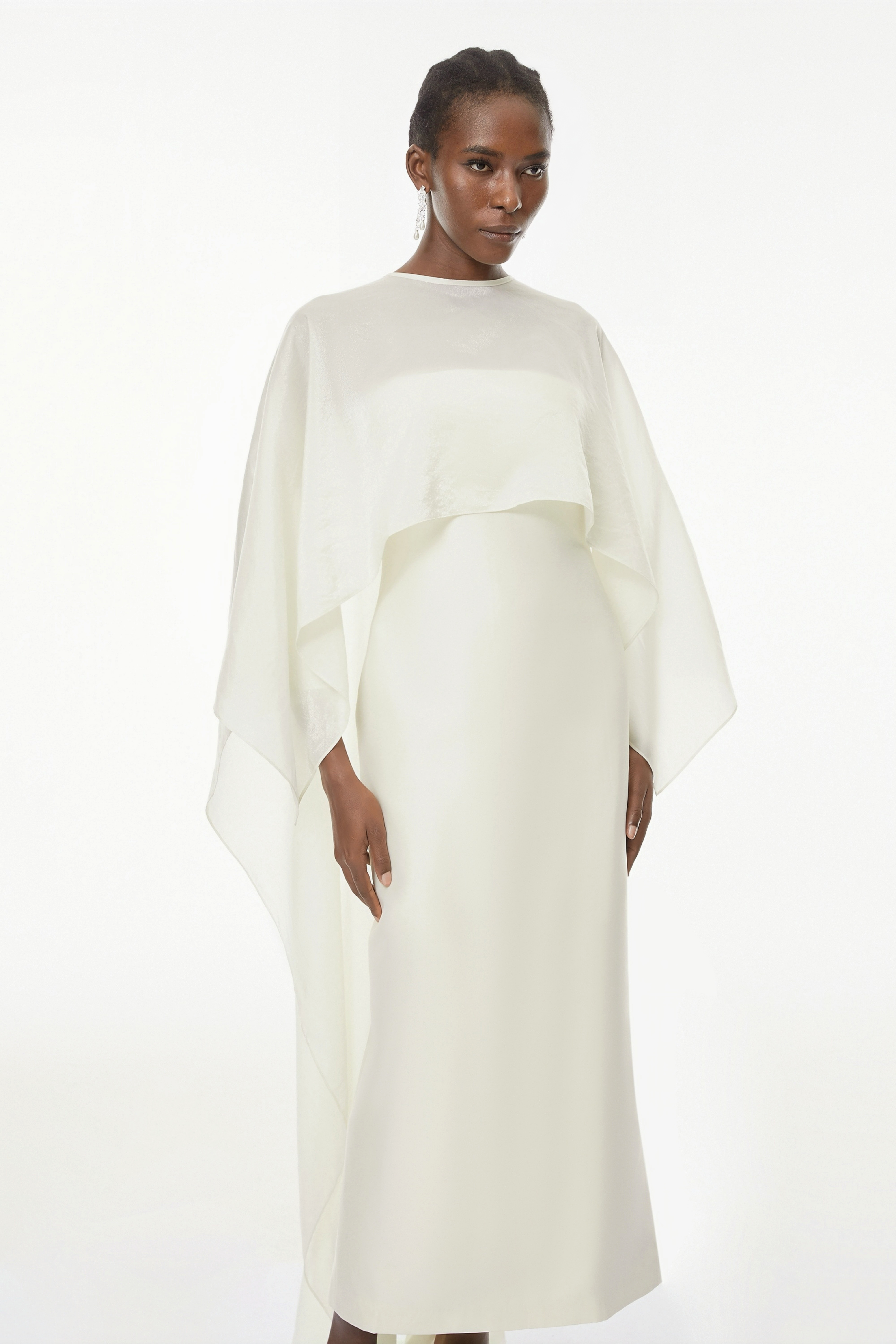 Xiomara White Cape Design Satin Maxi Dress (Final Sale-US Only)