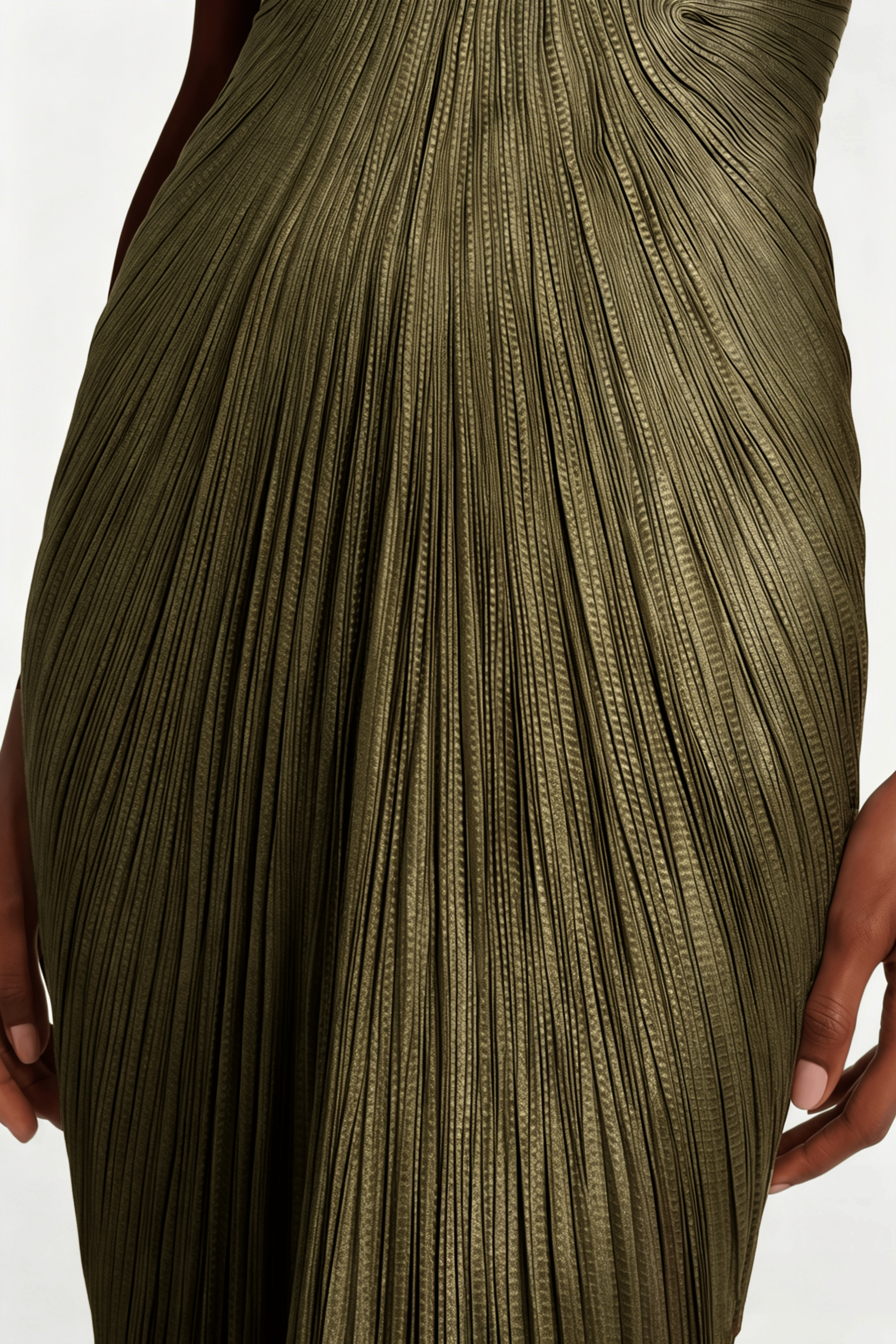 Strapless metallic olive green pleated maxi dress with sweetheart neckline and high thigh slit