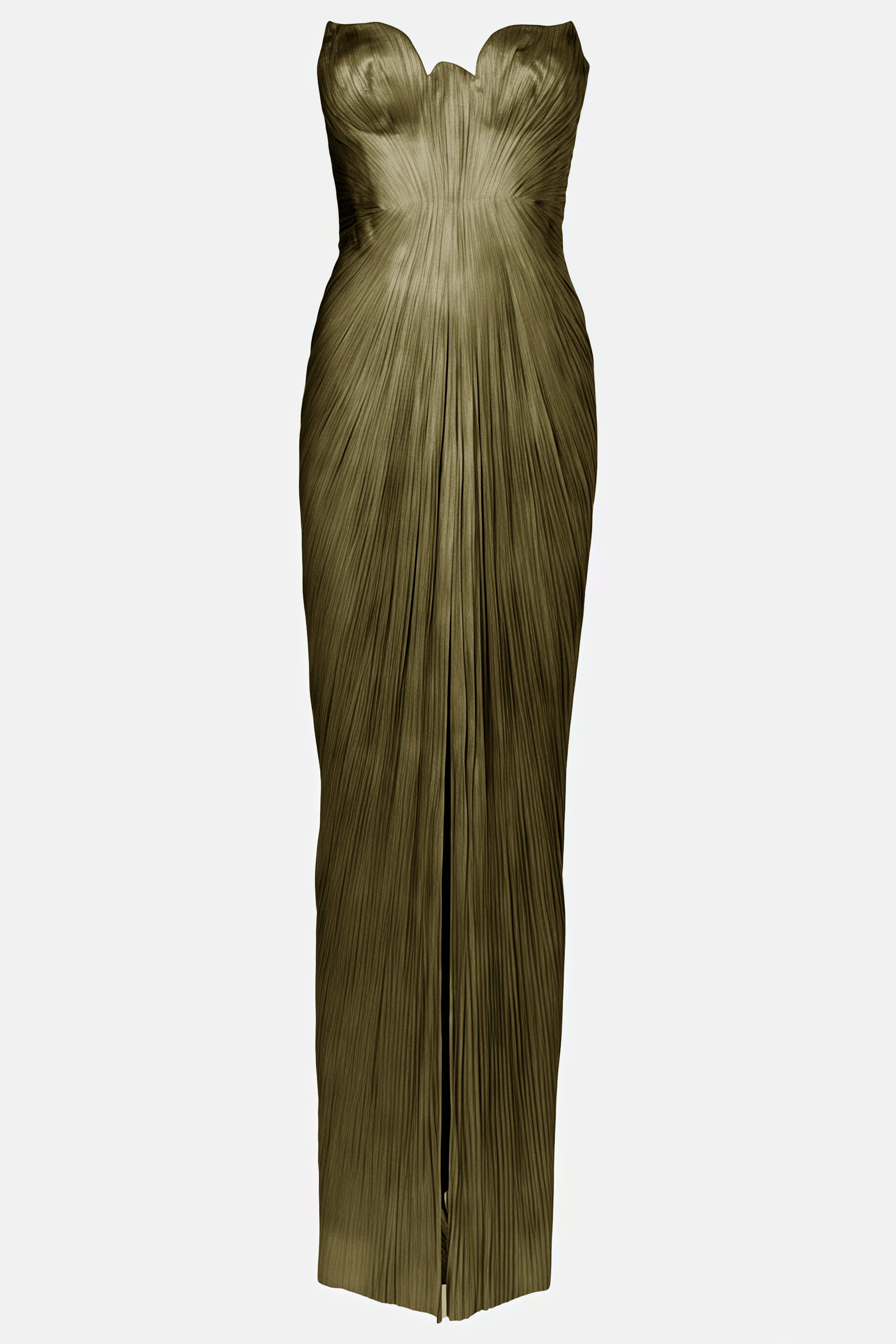 Strapless metallic olive green pleated maxi dress with sweetheart neckline and high thigh slit