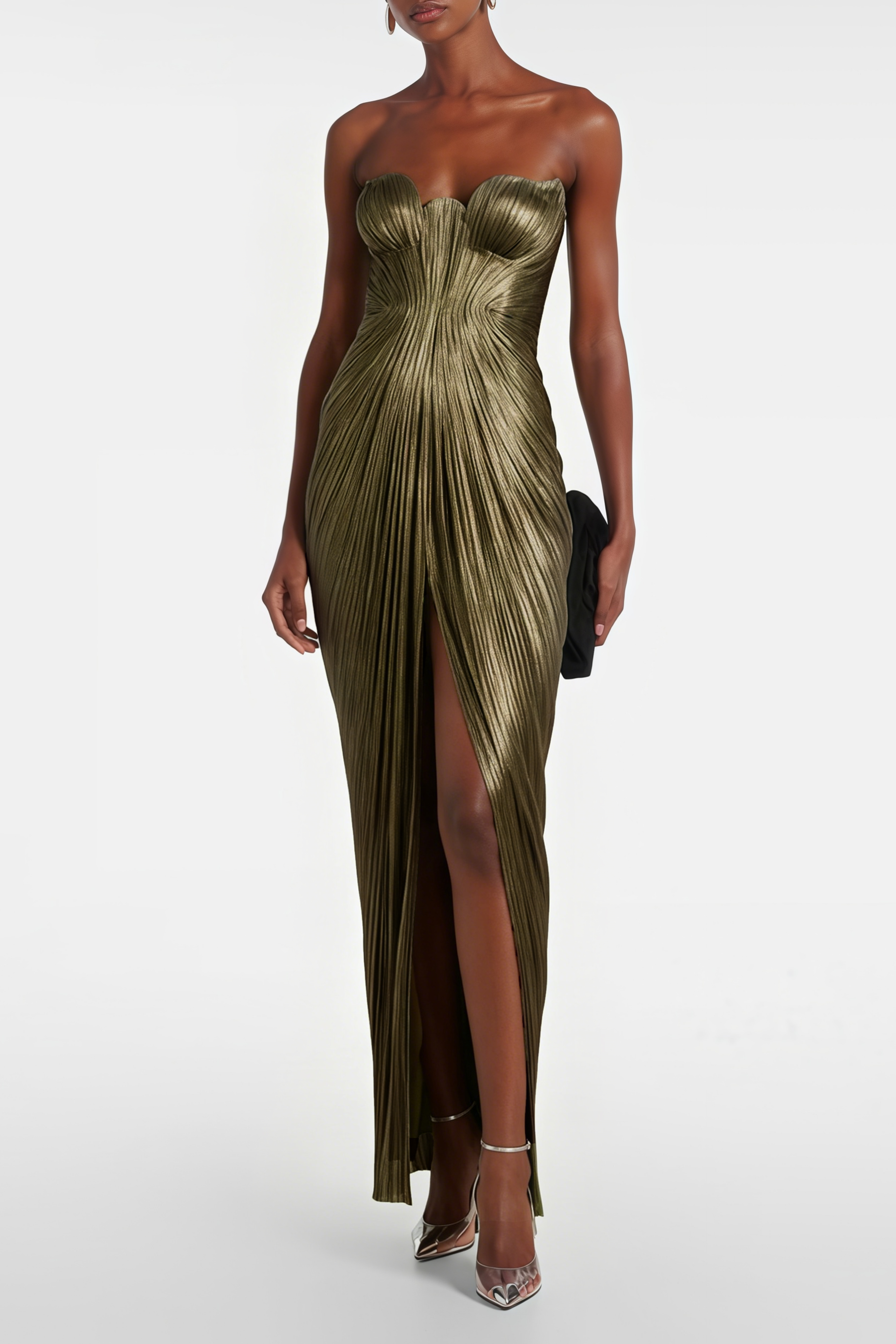Strapless metallic olive green pleated maxi dress with sweetheart neckline and high thigh slit