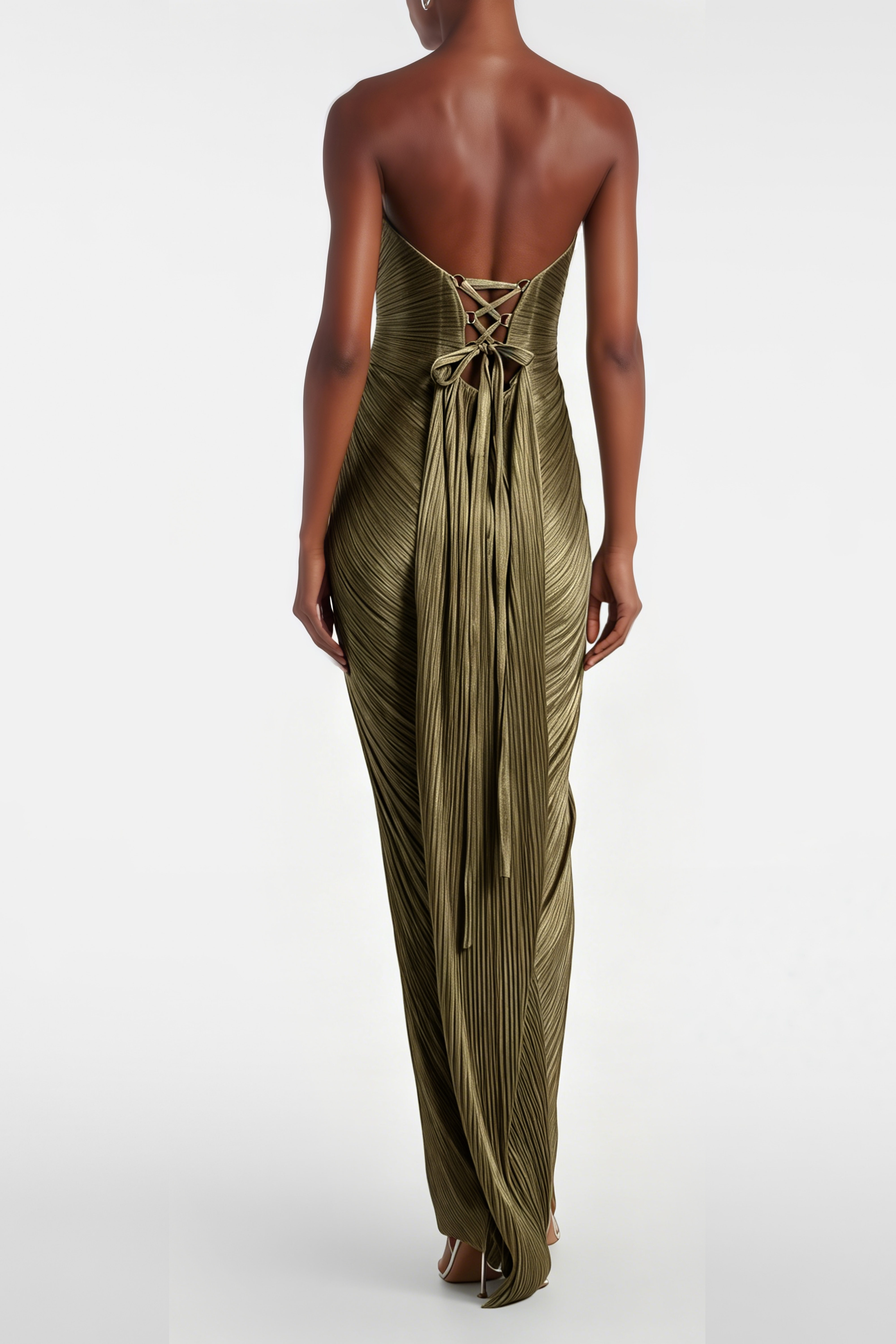 Strapless metallic olive green pleated maxi dress with sweetheart neckline and high thigh slit
