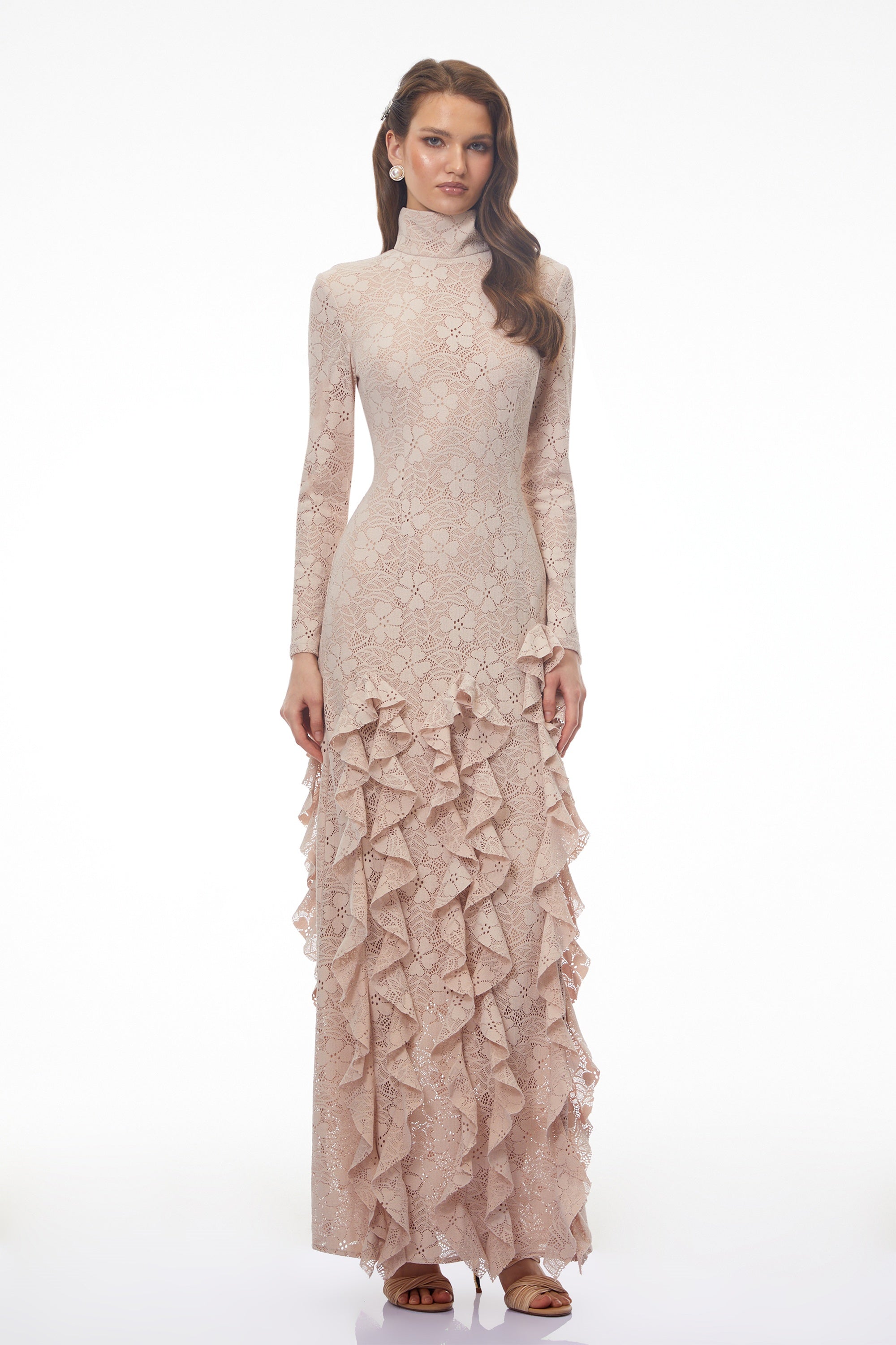 Yasemin Nude Floral Lace Ruffled Maxi Dress (Final Sale-US Only)