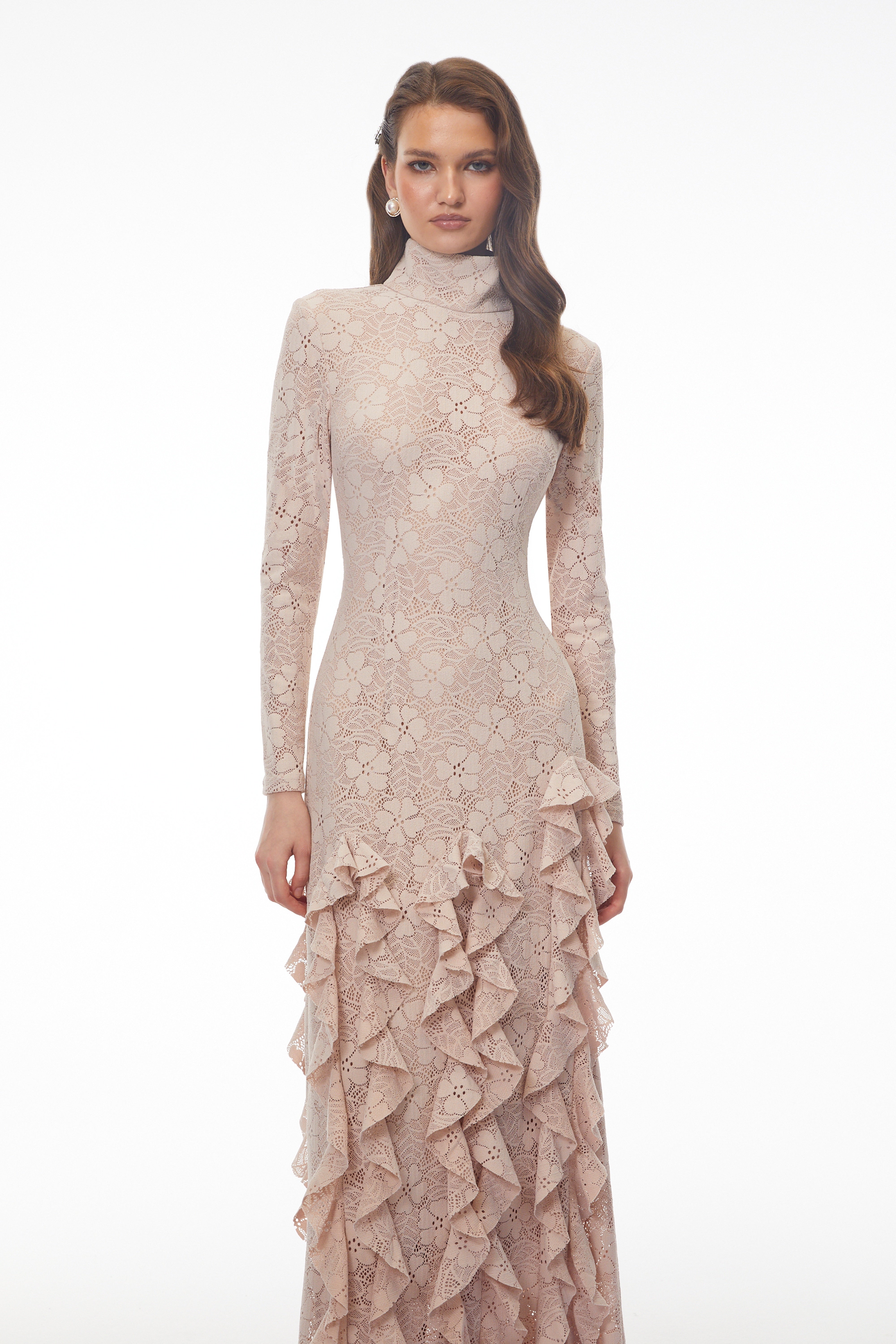 Yasemin Nude Floral Lace Ruffled Maxi Dress (Final Sale-US Only)