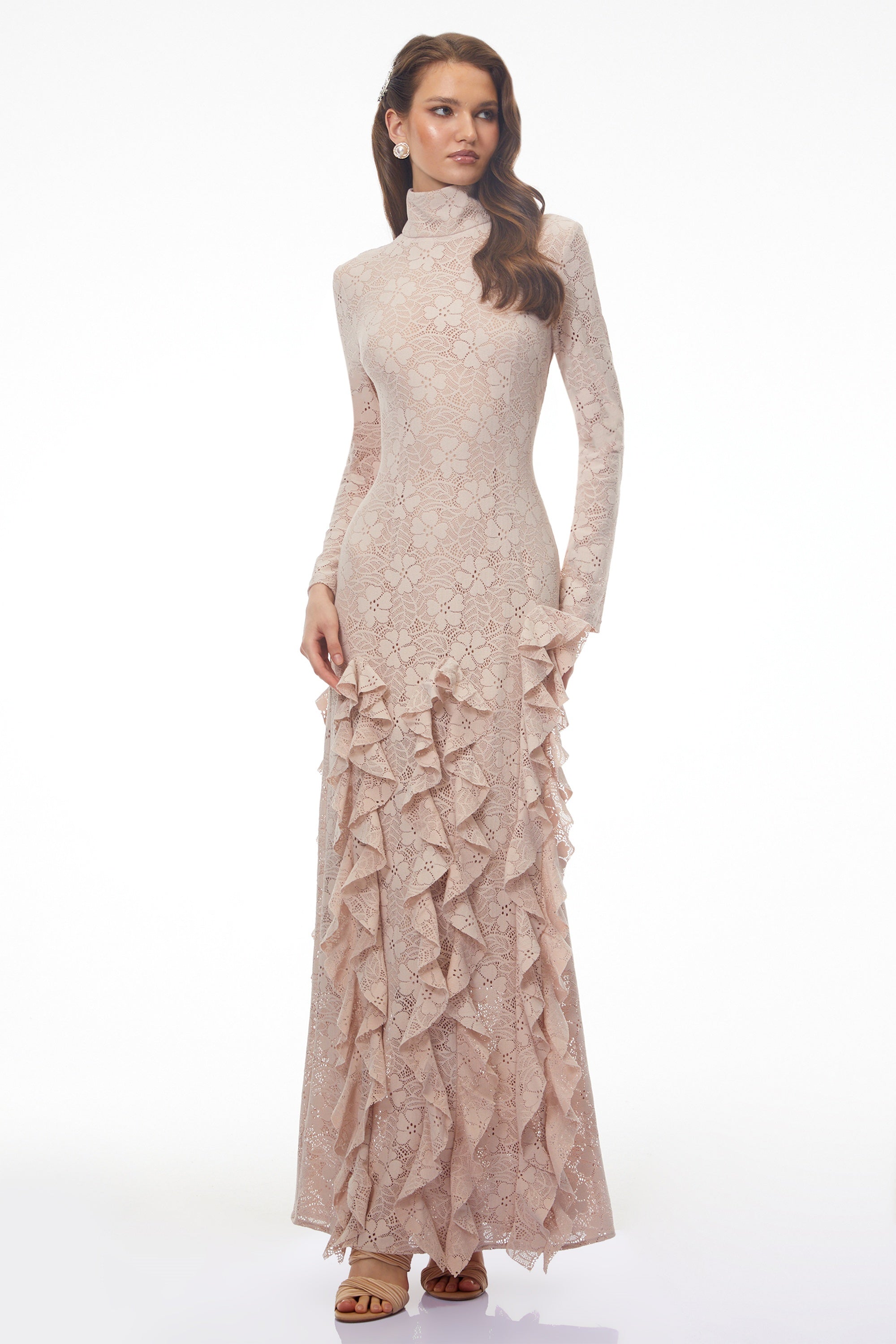Yasemin Nude Floral Lace Ruffled Maxi Dress (Final Sale-US Only)
