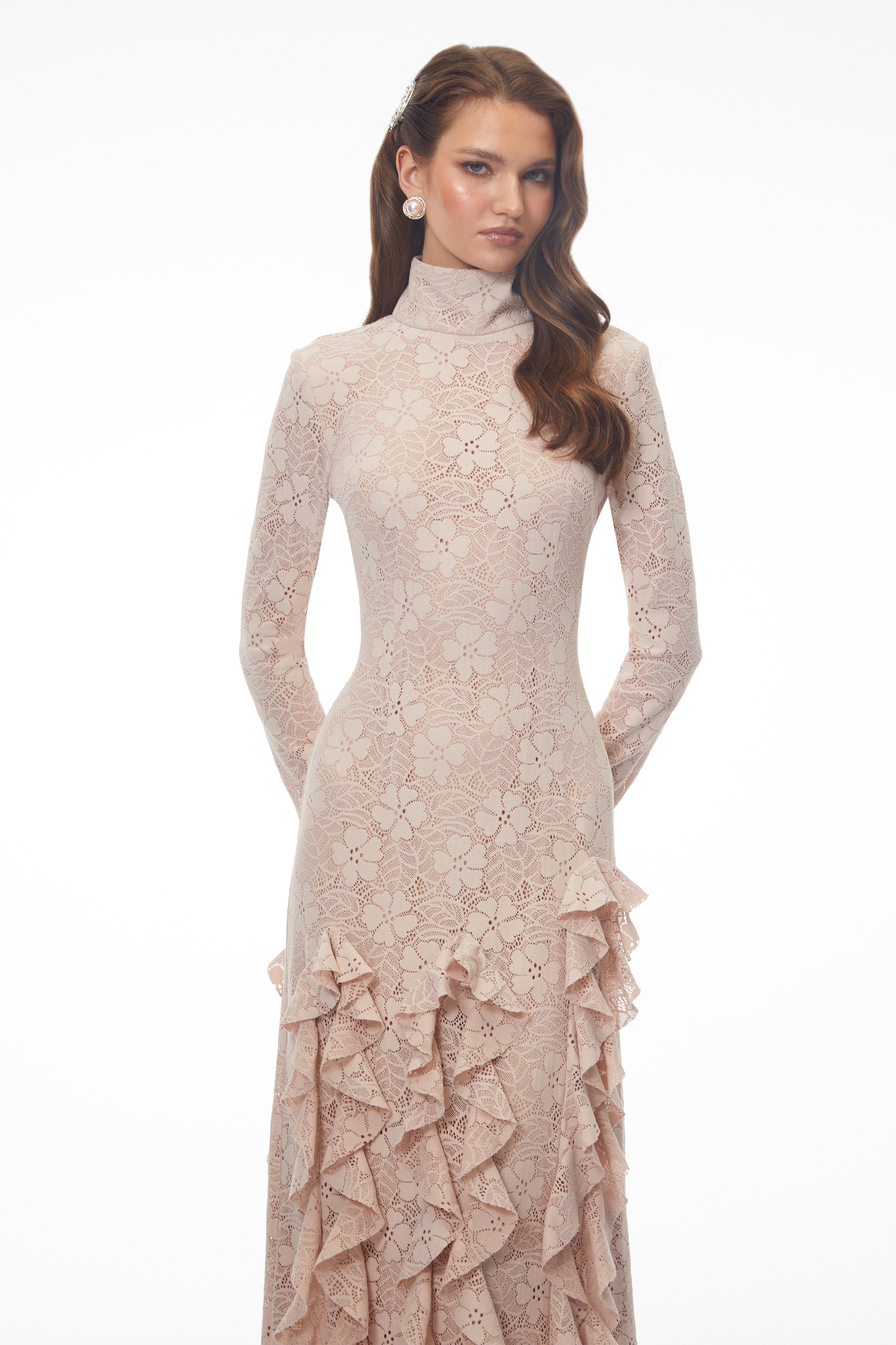 Yasemin Nude Floral Lace Ruffled Maxi Dress (Final Sale-US Only)