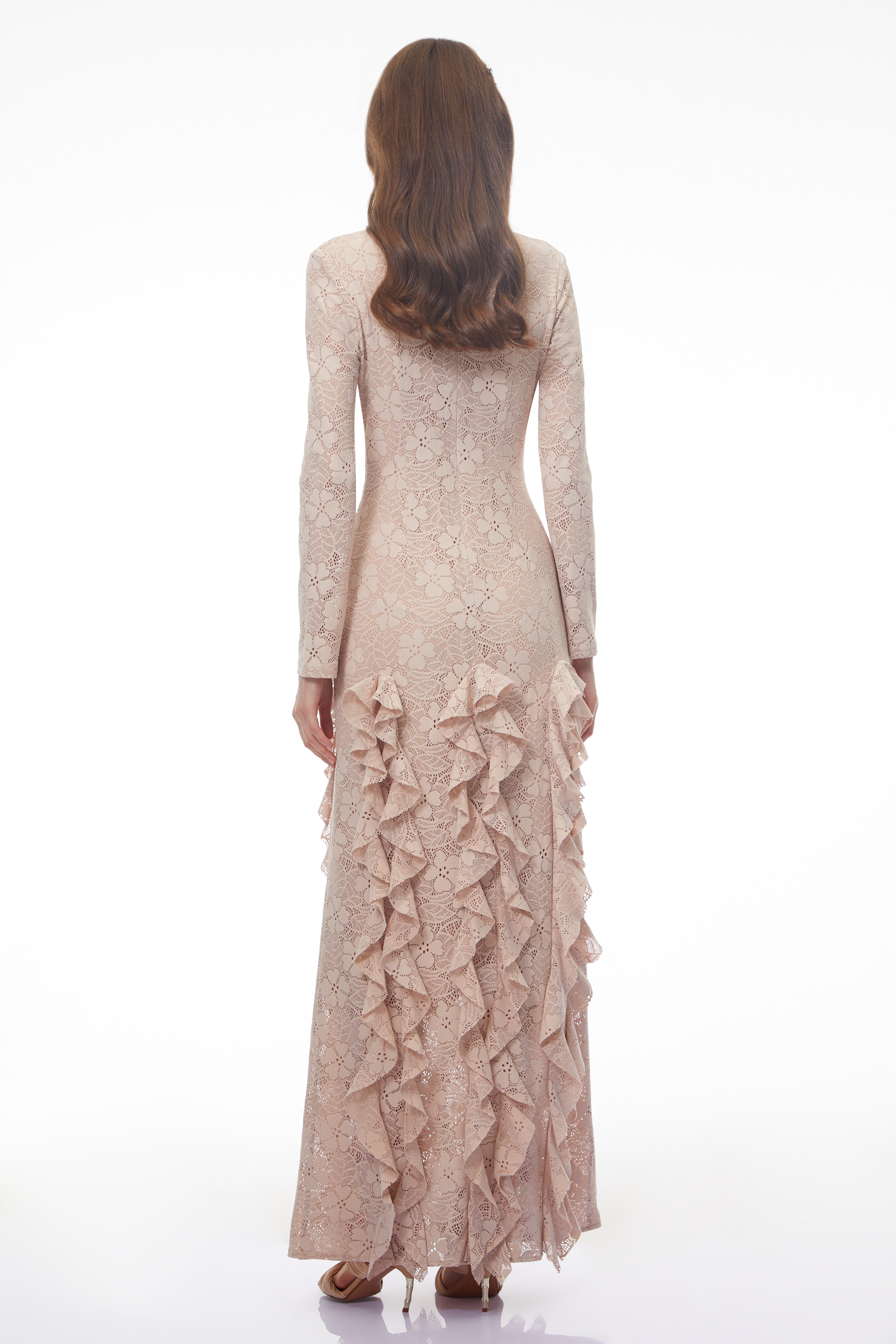 Yasemin Nude Floral Lace Ruffled Maxi Dress (Final Sale-US Only)