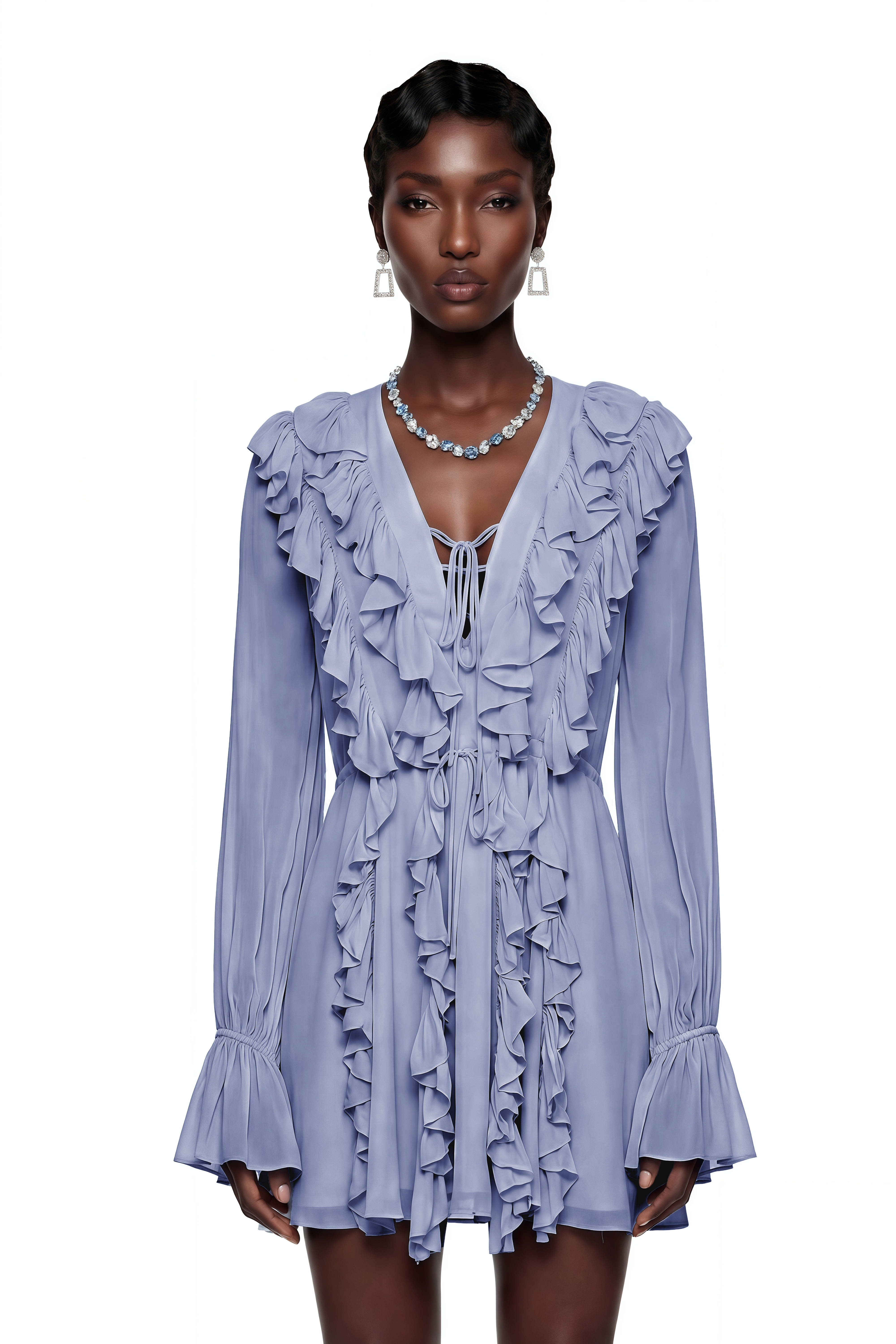 Periwinkle blue mini dress with long bell-cuff sleeves, deep V-neckline, and cascading ruffles