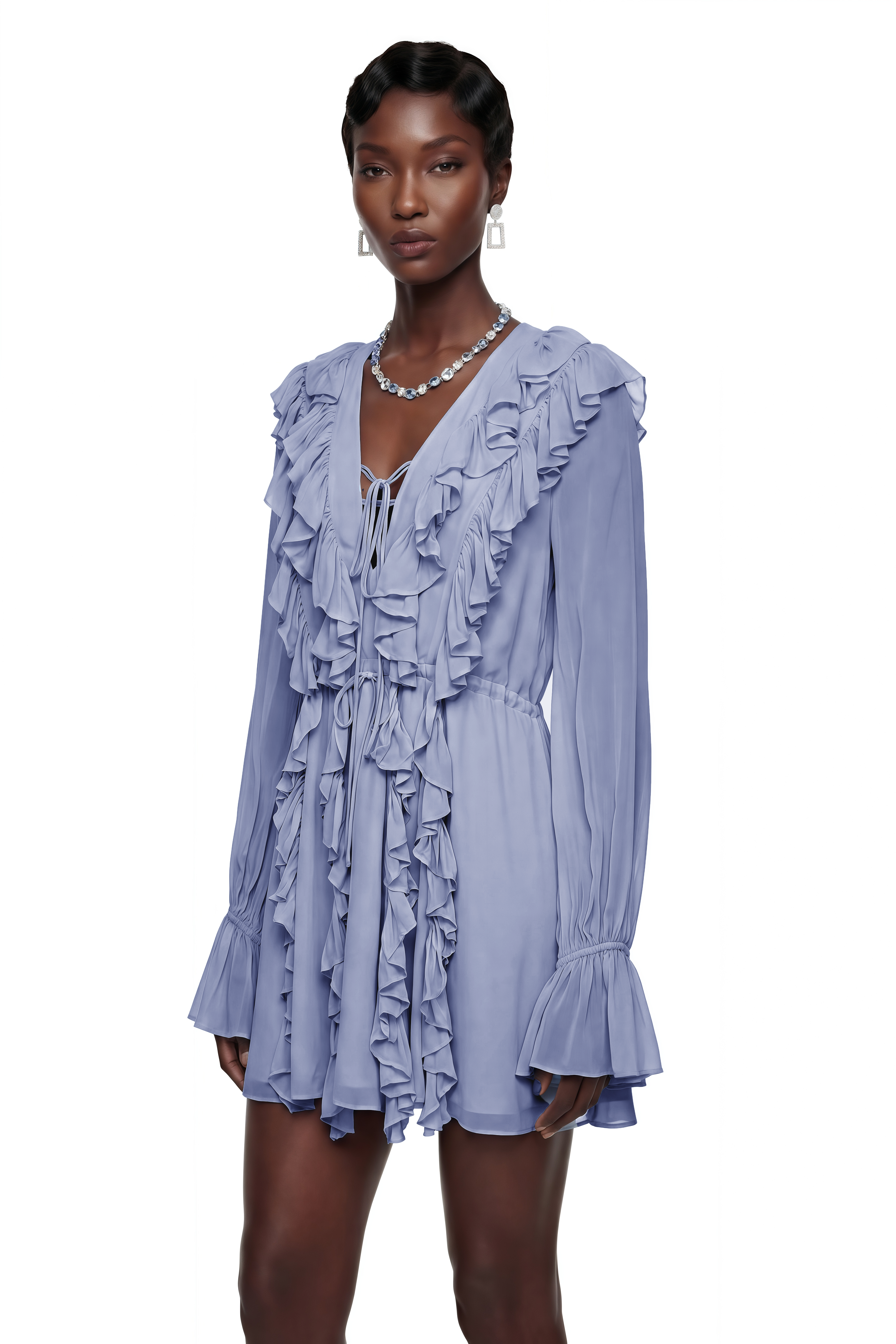 Periwinkle blue mini dress with long bell-cuff sleeves, deep V-neckline, and cascading ruffles