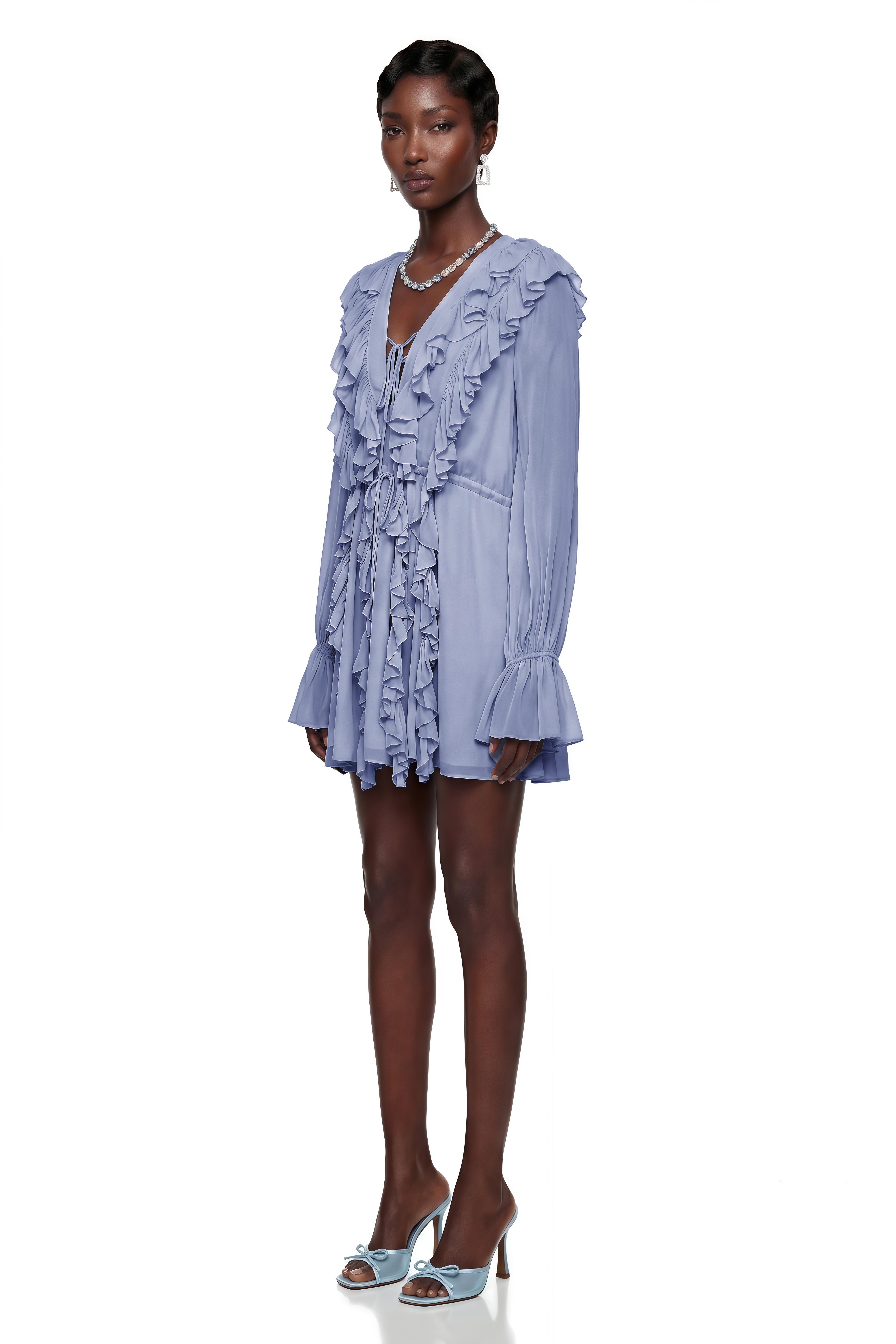 Periwinkle blue mini dress with long bell-cuff sleeves, deep V-neckline, and cascading ruffles