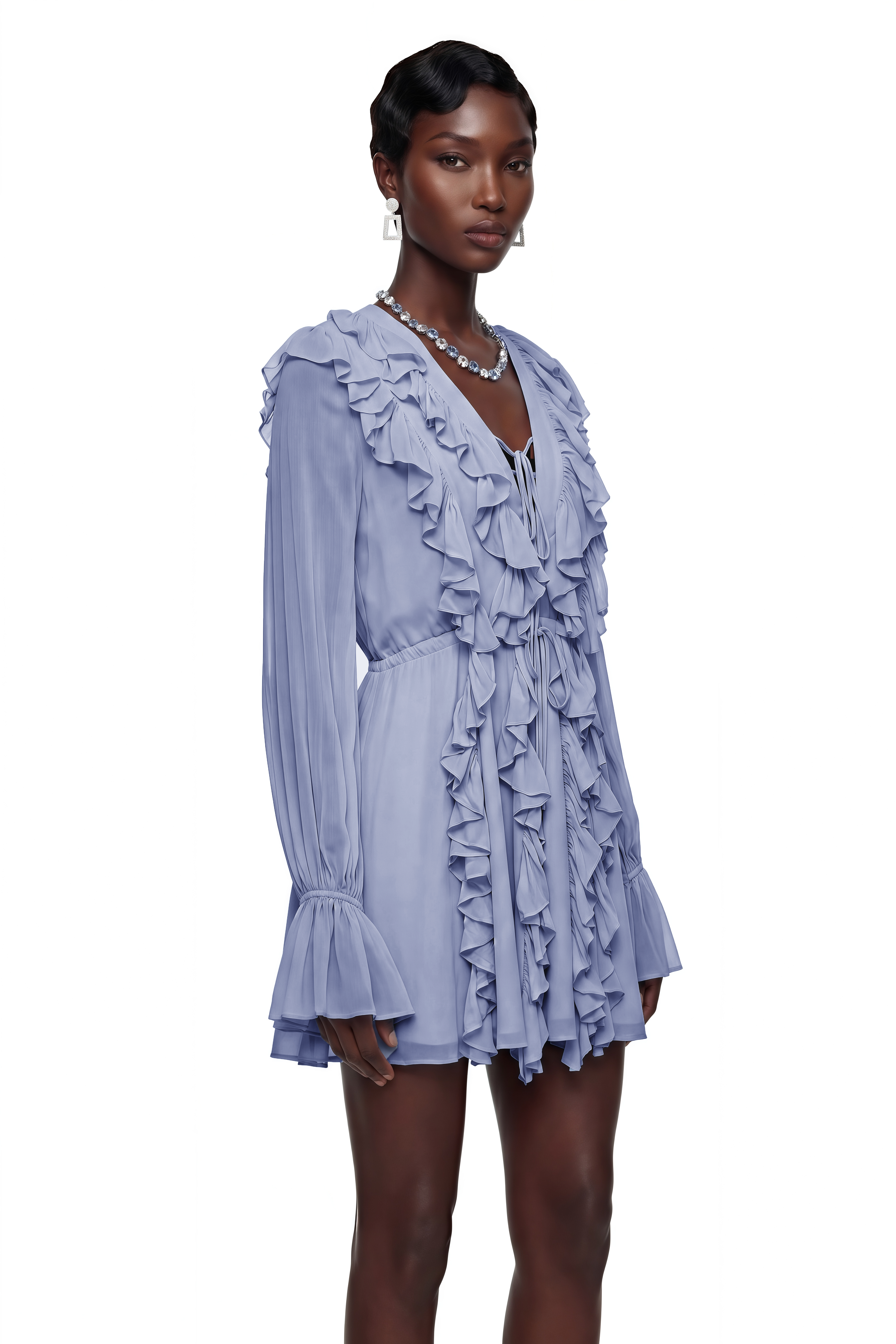 Periwinkle blue mini dress with long bell-cuff sleeves, deep V-neckline, and cascading ruffles