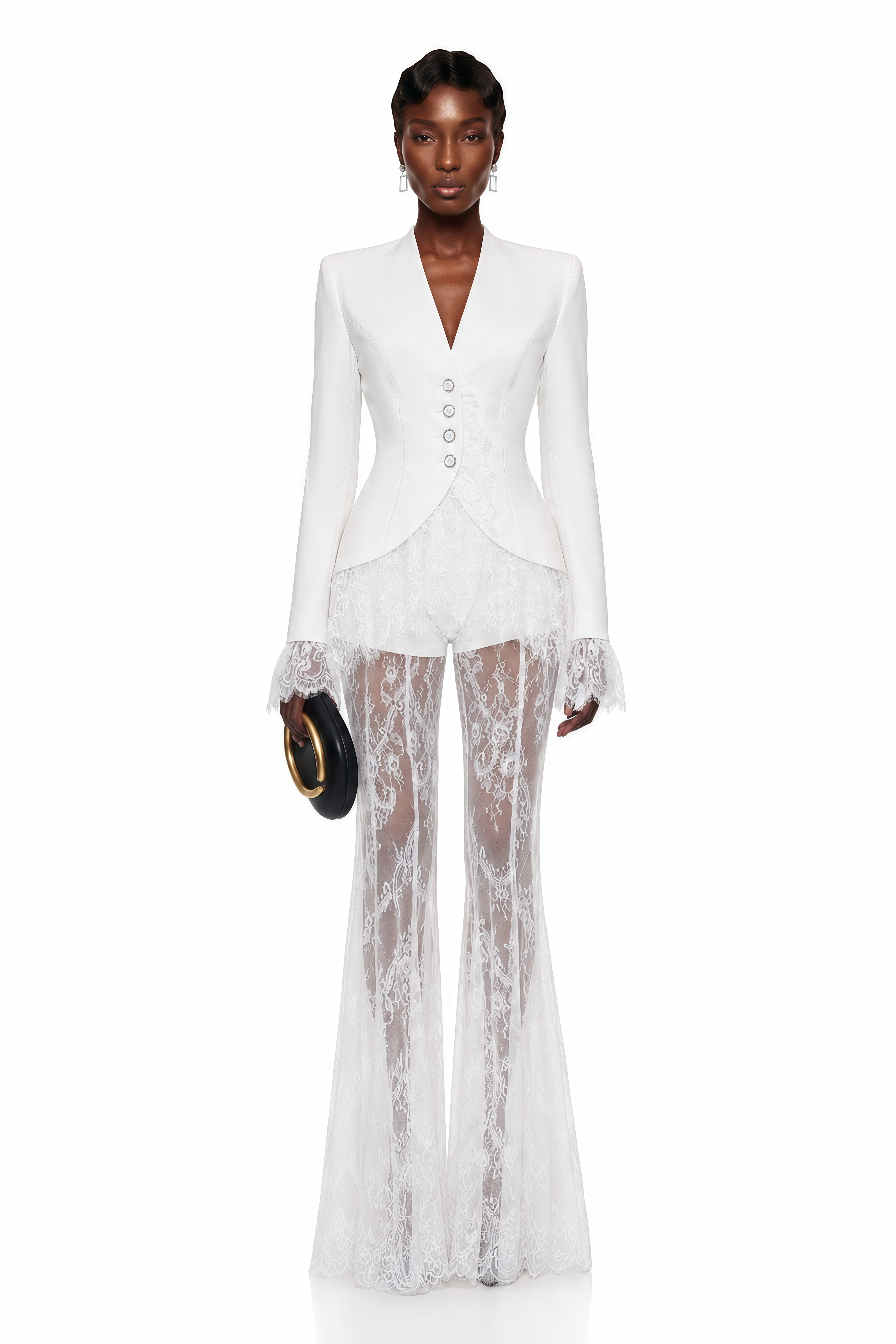 Yolanda White Lace Trim Blazer & Sheer Lace Trouser Set (Final Sale-US Only)