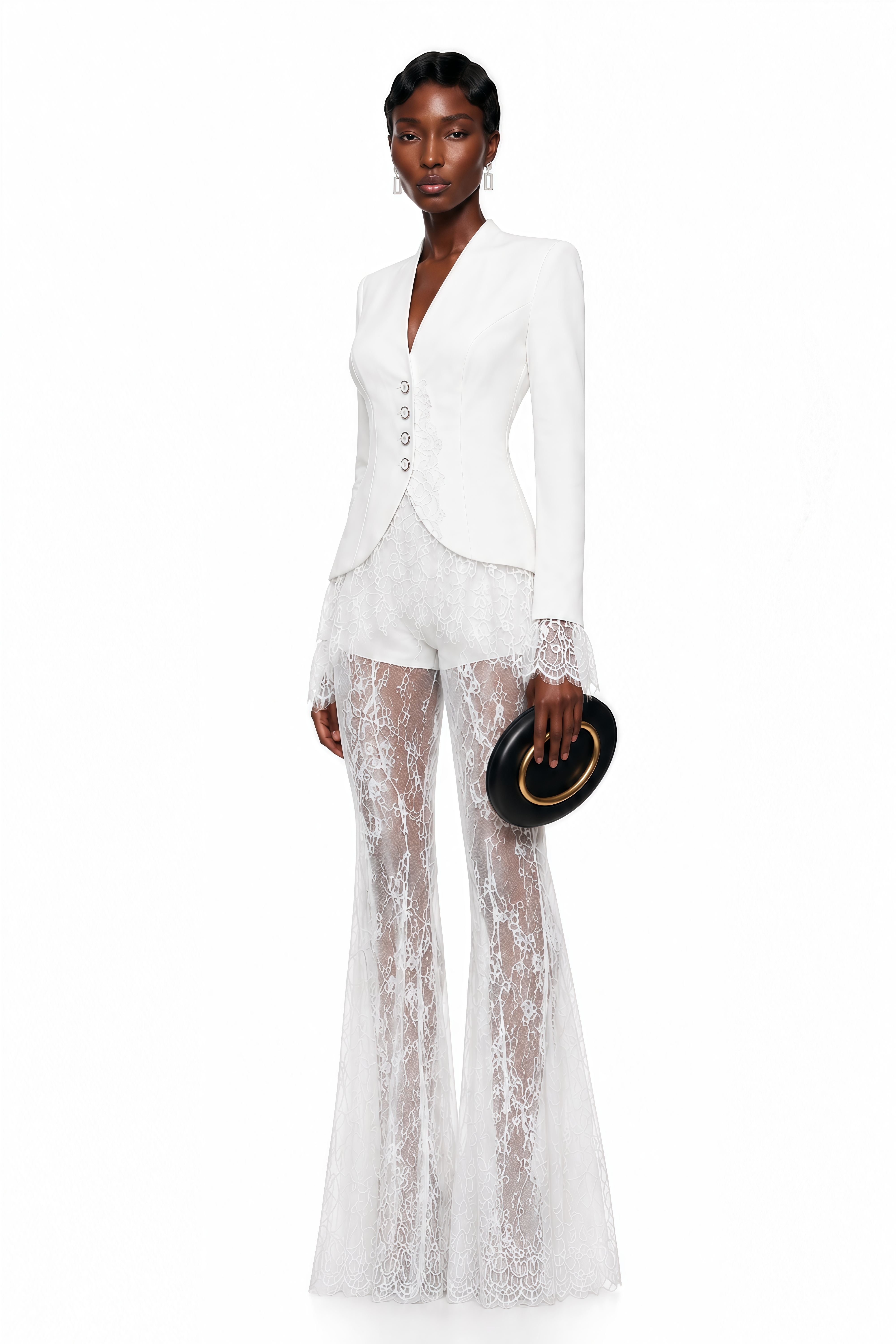 Yolanda White Lace Trim Blazer & Sheer Lace Trouser Set (Final Sale-US Only)