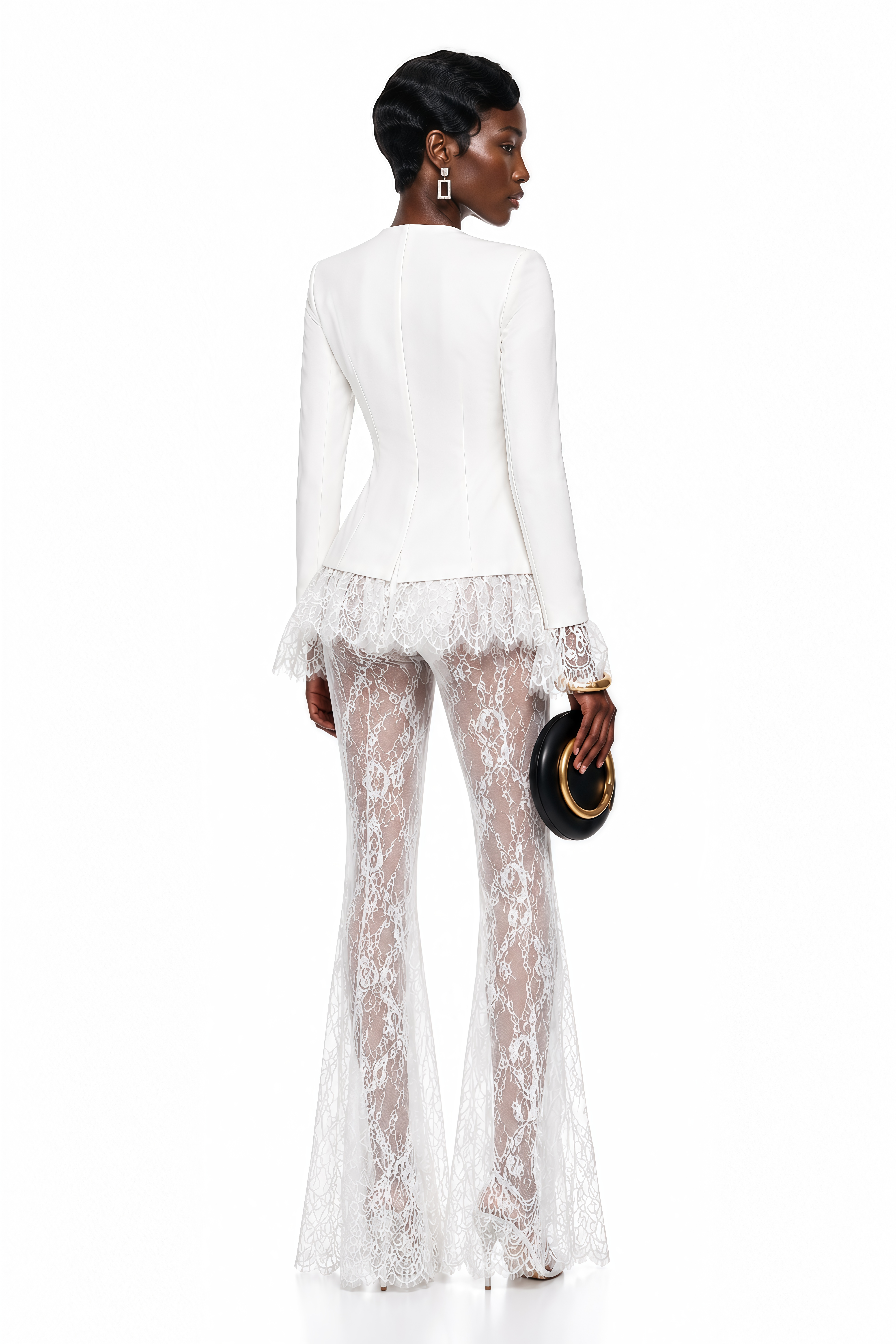 Yolanda White Lace Trim Blazer & Sheer Lace Trouser Set (Final Sale-US Only)