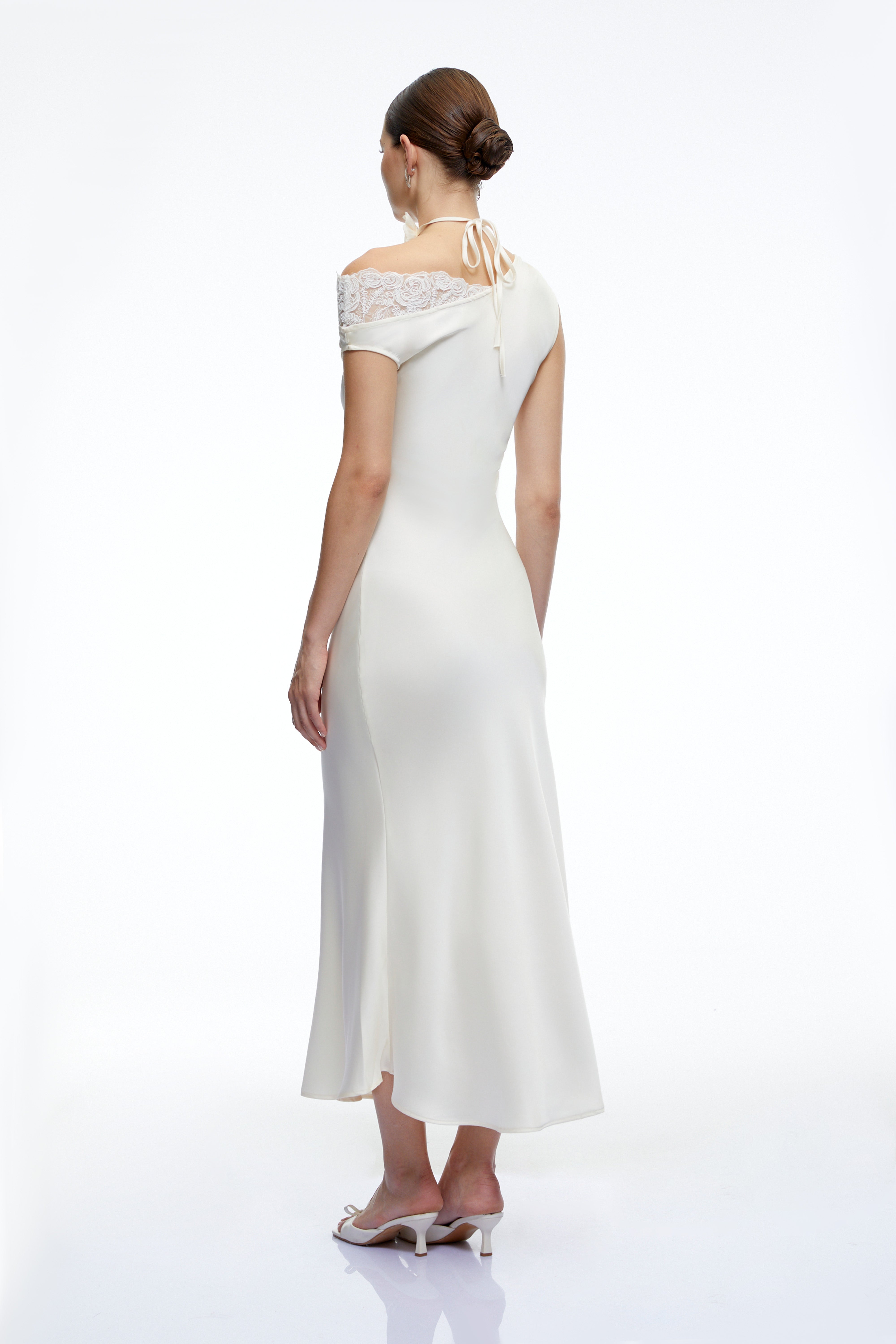 Ysilde White Asymmetrical Satin Midi Dress with Lace Trim