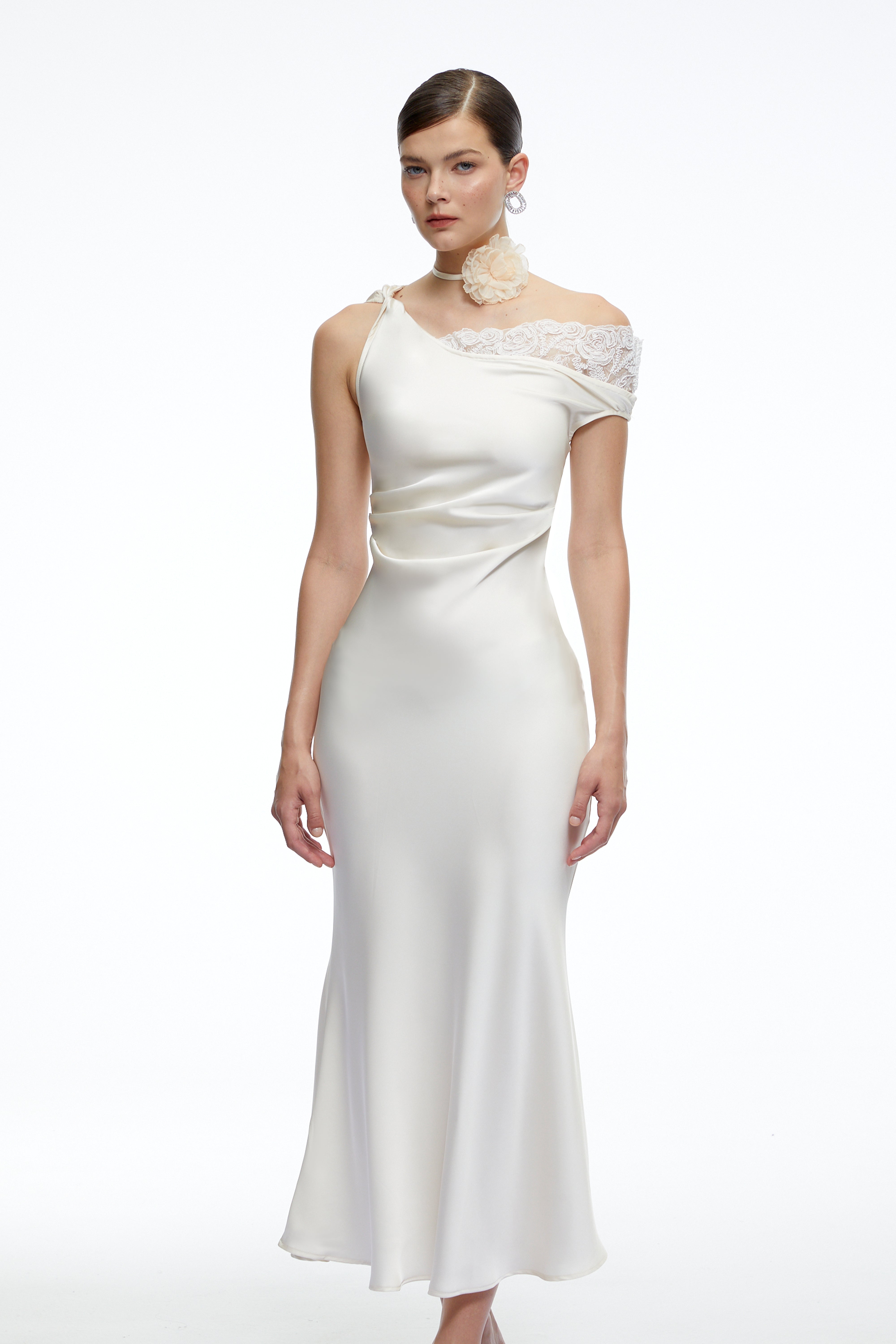 Ysilde White Asymmetrical Satin Midi Dress with Lace Trim