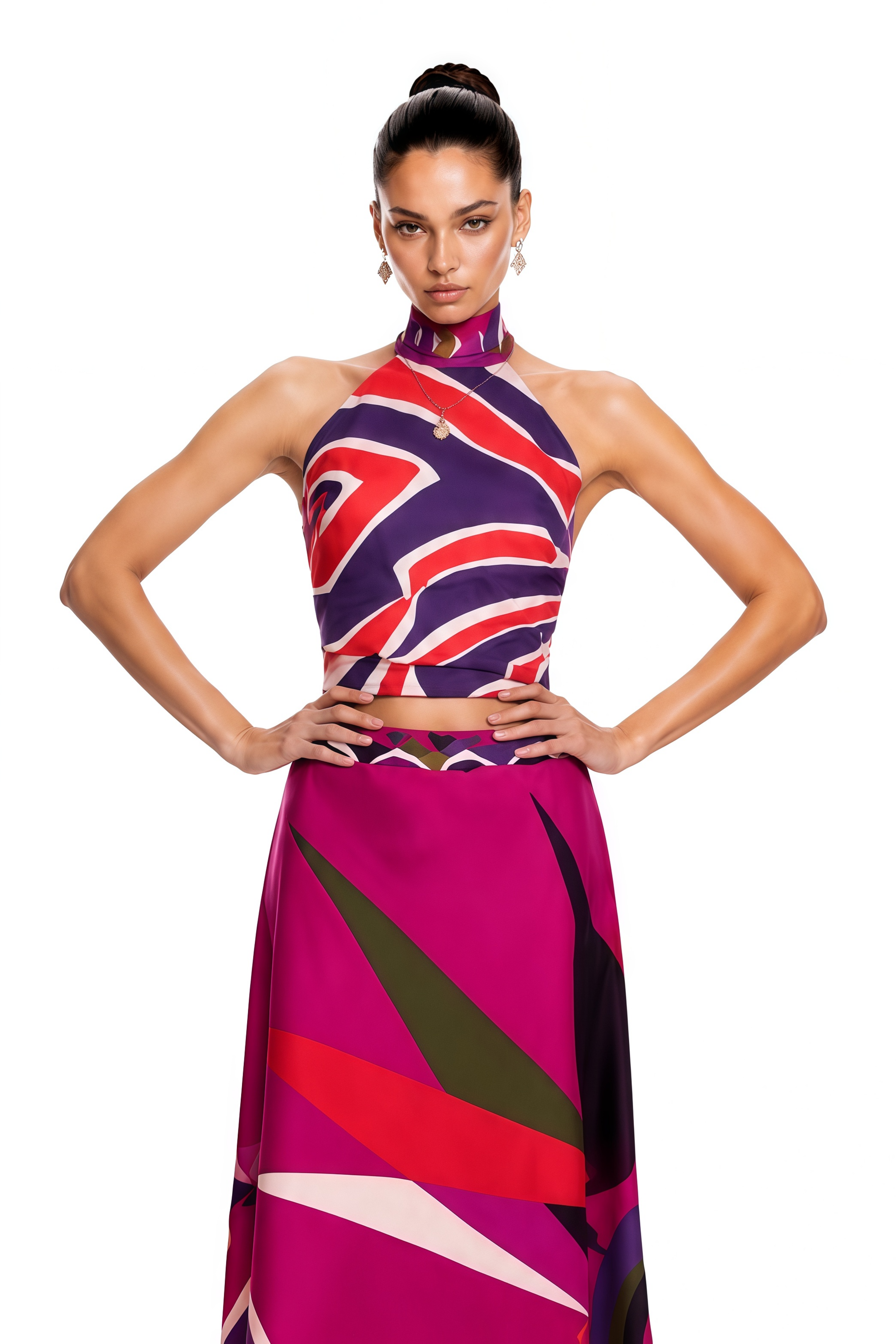 Yvette Fuchsia Abstract Print Halterneck Crop Top & Skirt Set