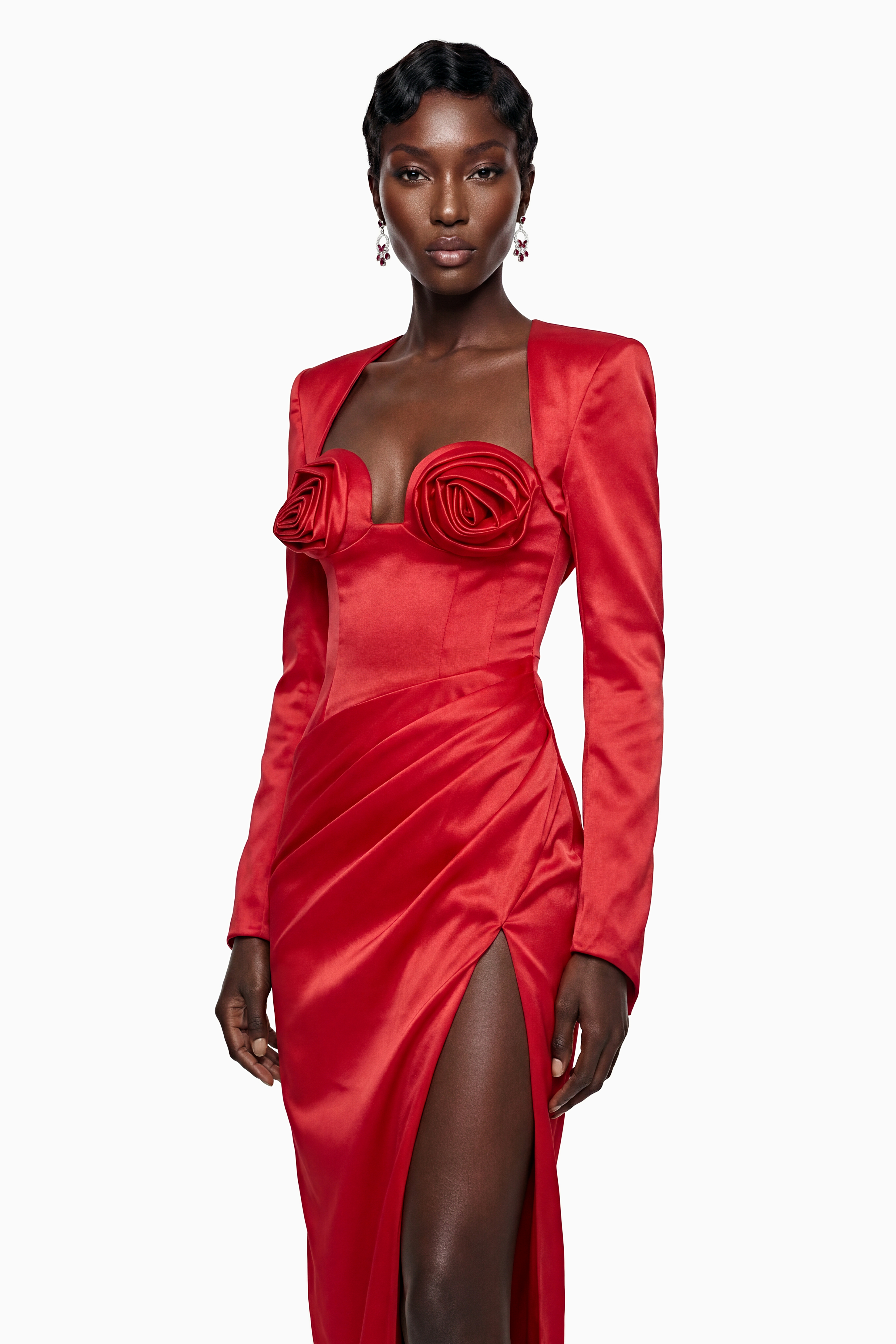 Zanele Red Ruched Maxi Dress with 3D Petals (Final Sale)