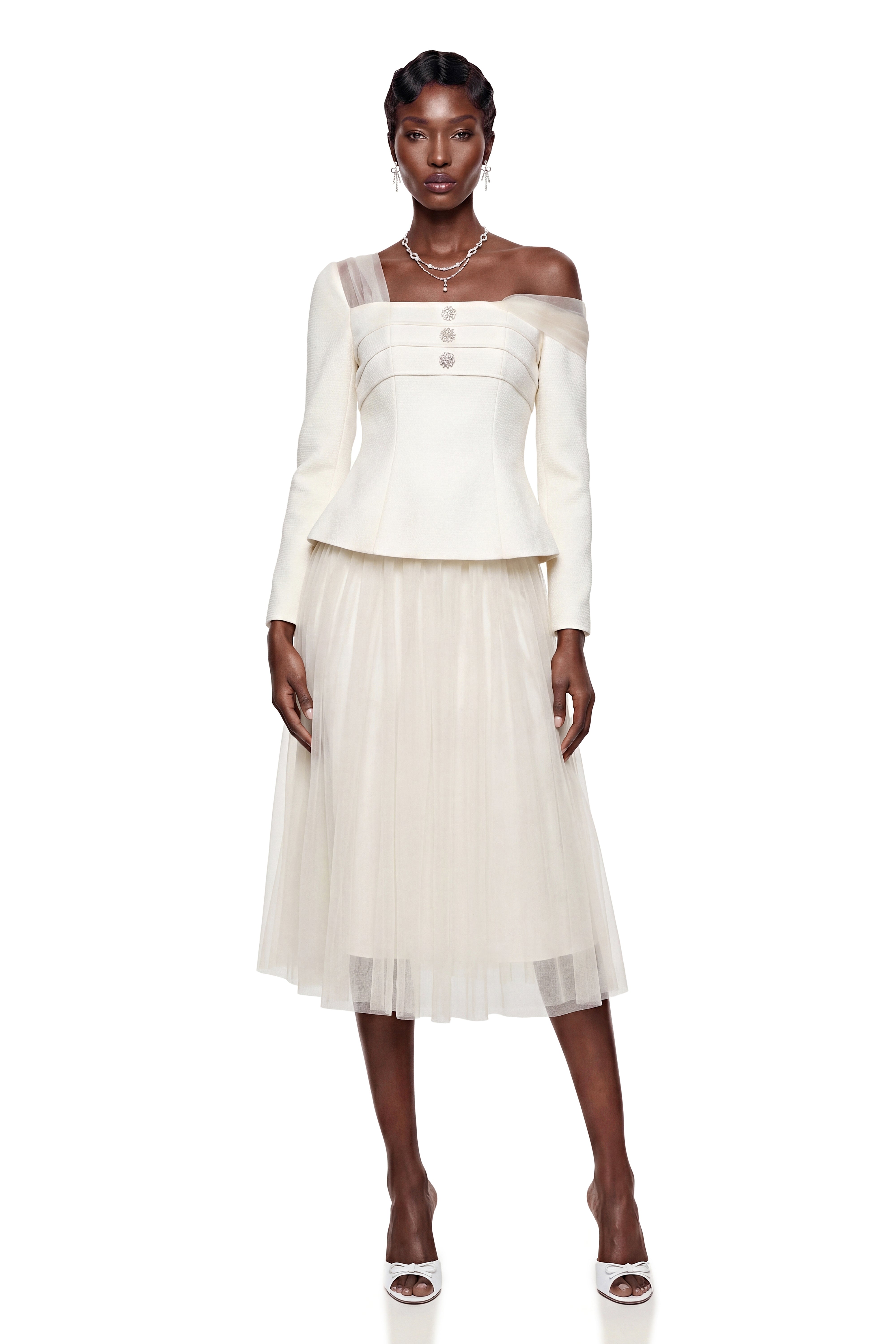 Zaria White Asymmetrical Blouse & Tulle Skirt Set